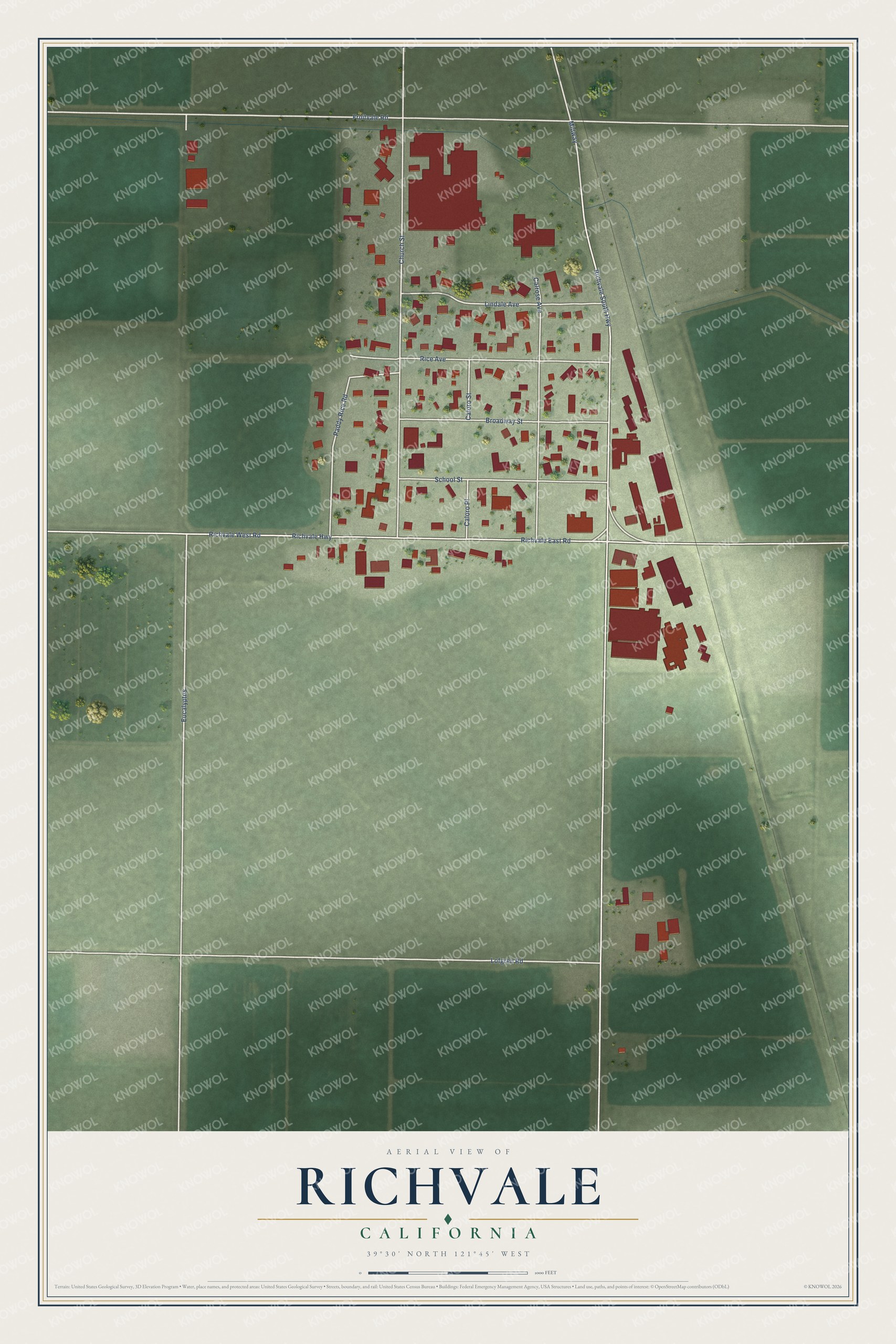Full map of Richvale, California, with red buildings, printed street names and the land around them