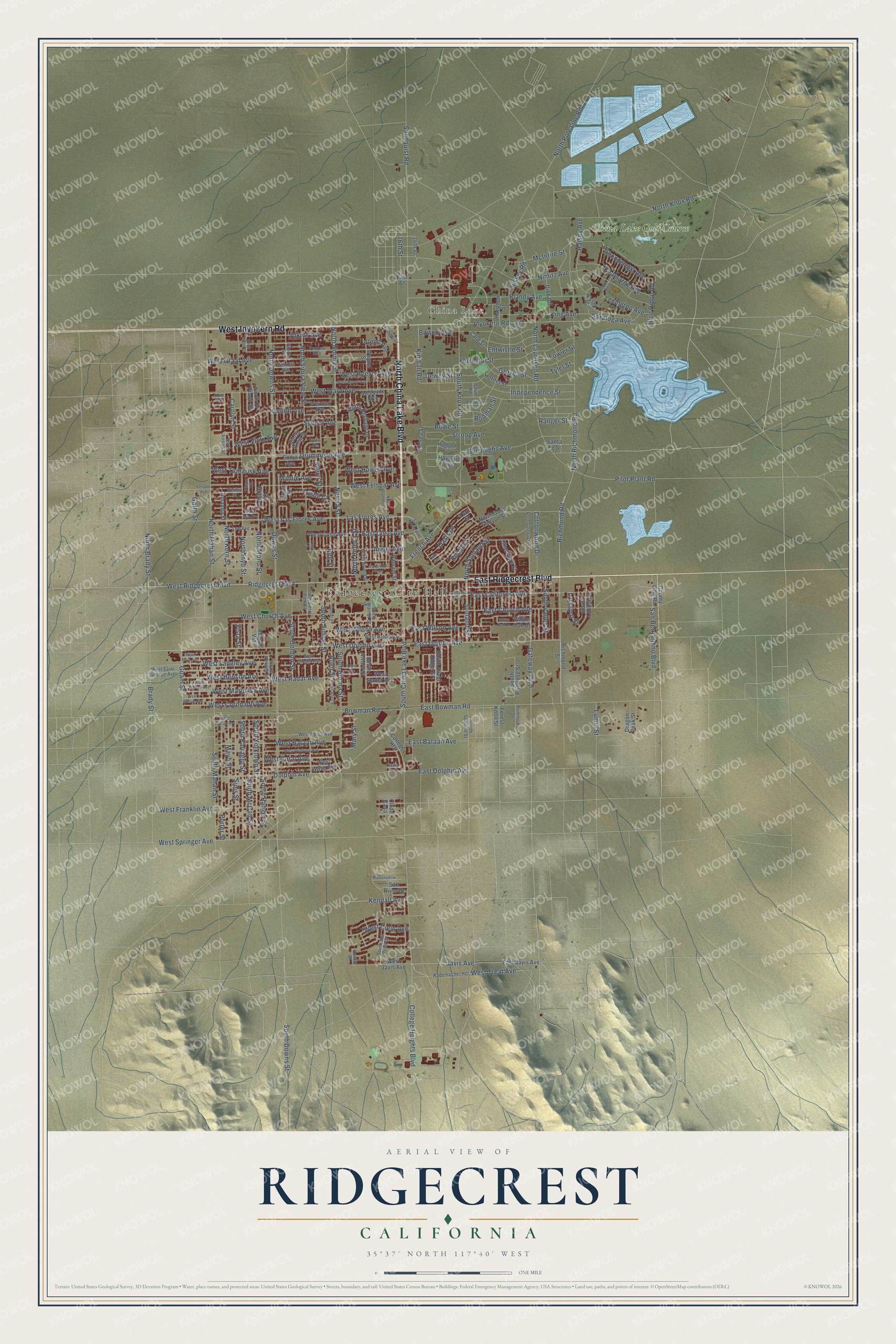 Full map of Ridgecrest, California, with red buildings, printed street names and the land around them