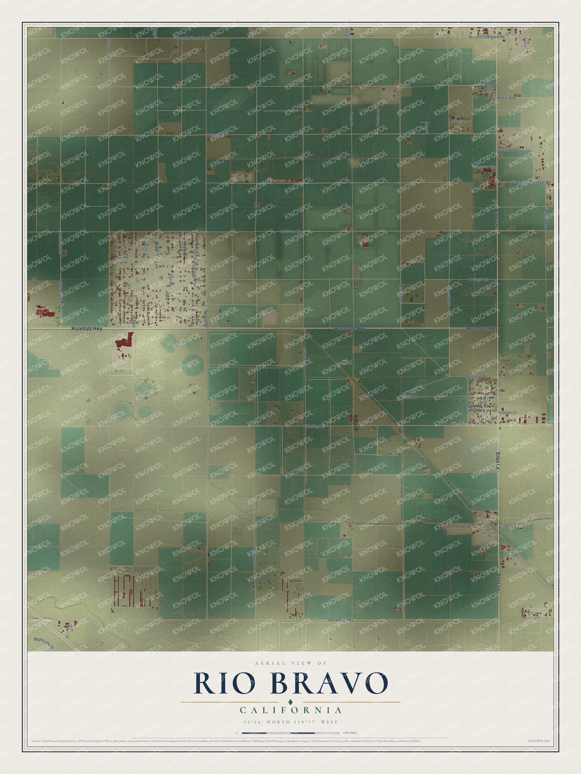 Full map of Rio Bravo, California, with red buildings, printed street names and the land around them