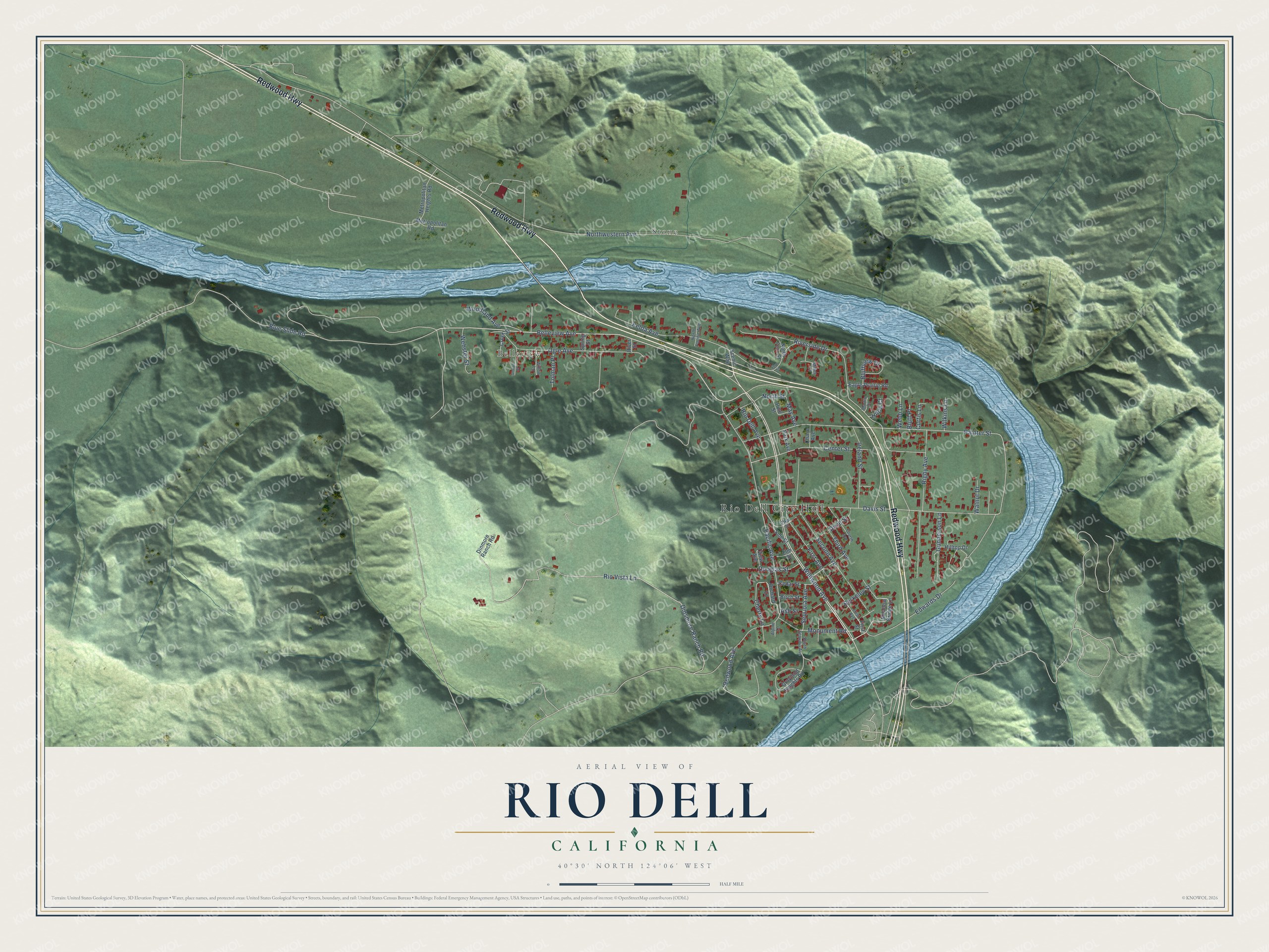 Full map of Rio Dell, California, with red buildings, printed street names and the land around them