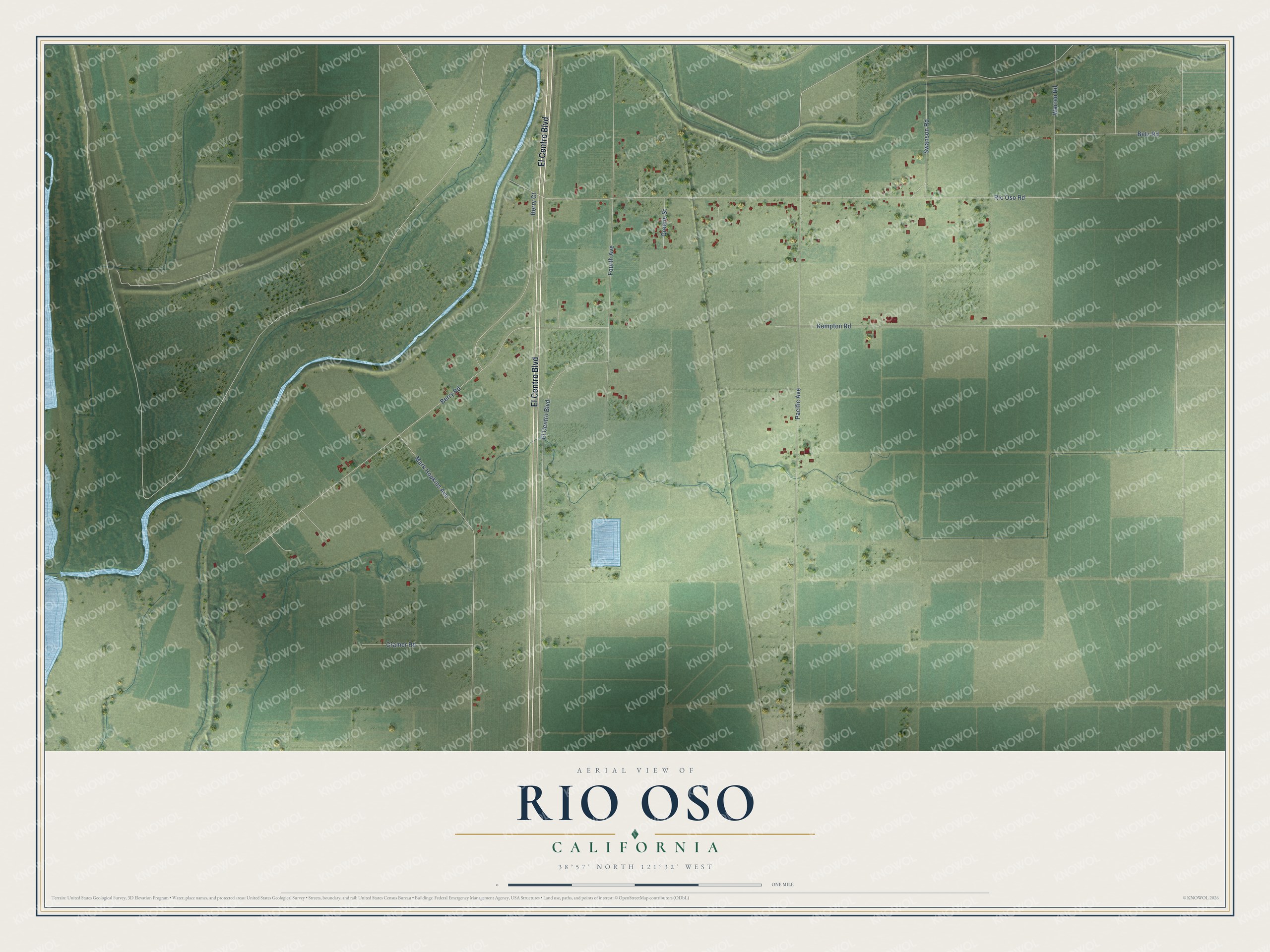 Full map of Rio Oso, California, with red buildings, printed street names and the land around them