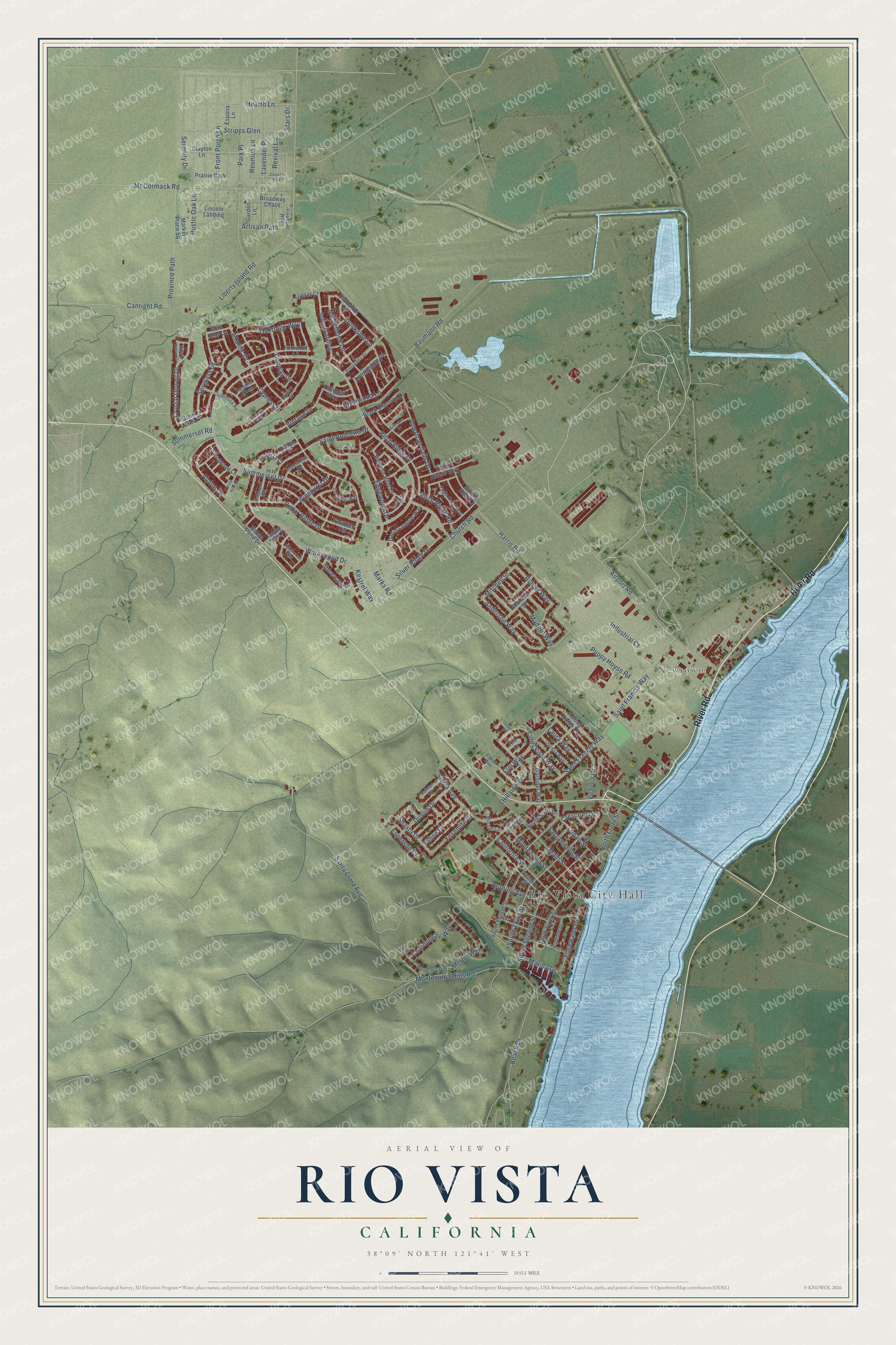 Full map of Rio Vista, California, with red buildings, printed street names and the land around them