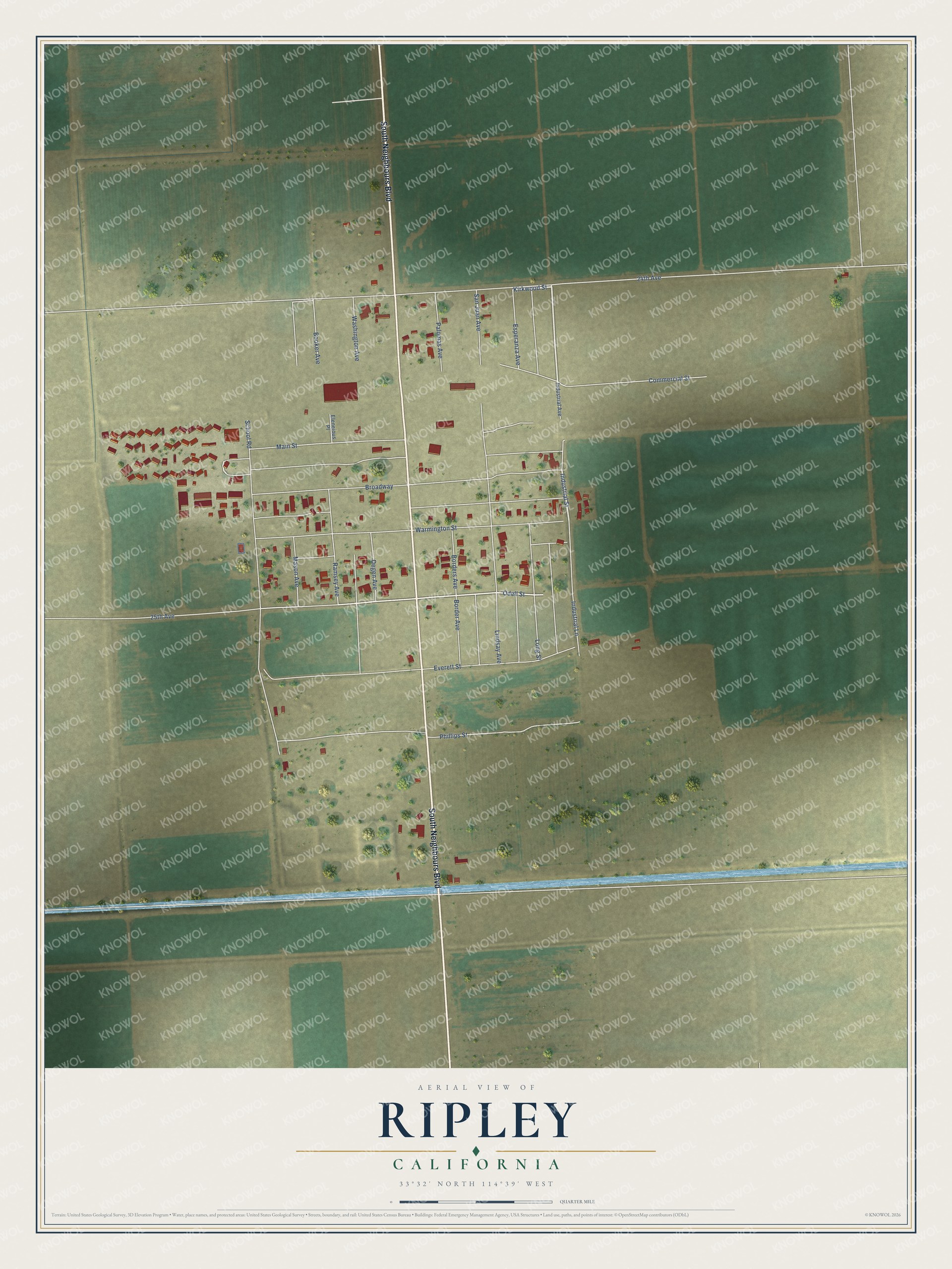 Full map of Ripley, California, with red buildings, printed street names and the land around them