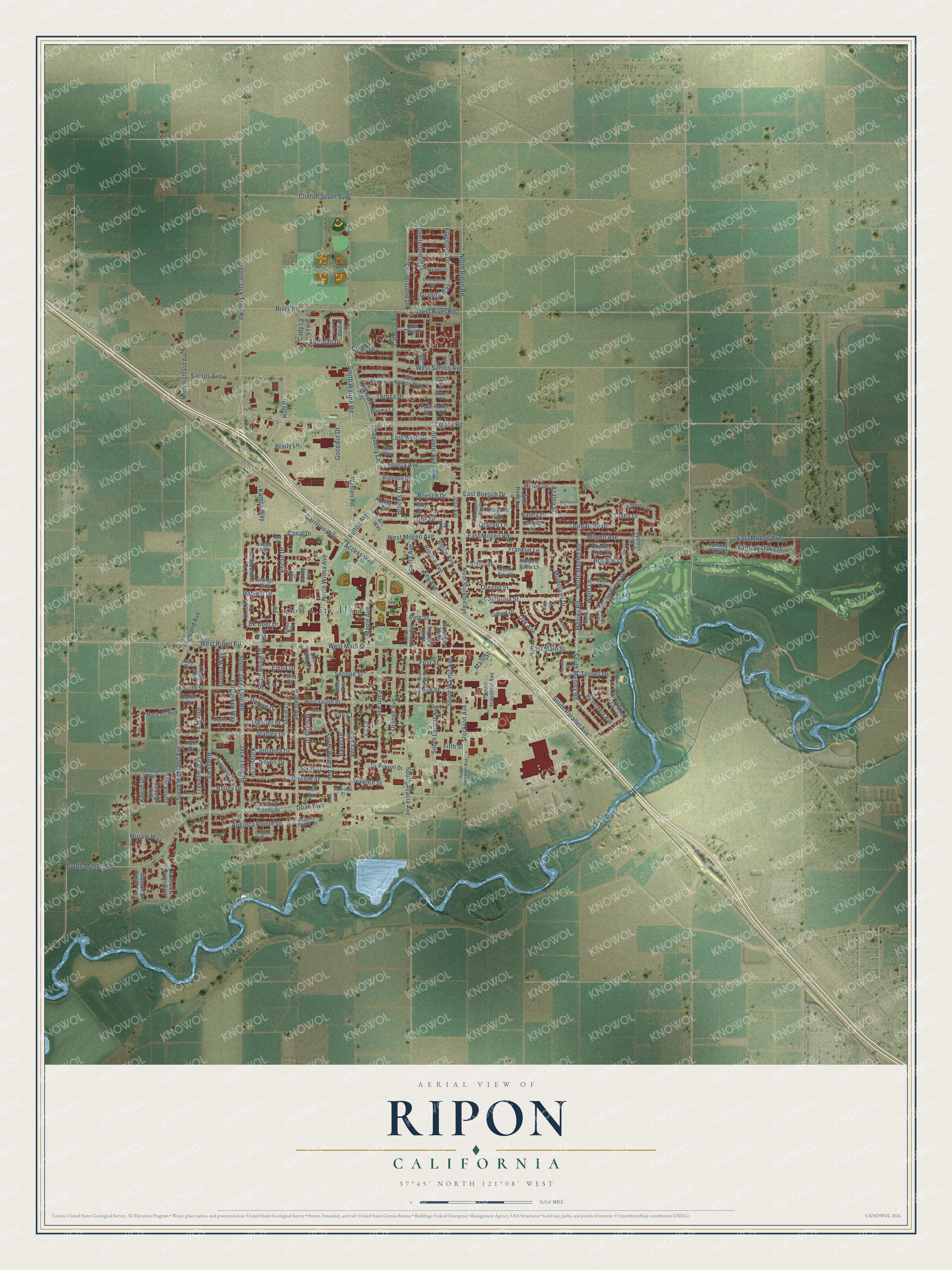 Full map of Ripon, California, with red buildings, printed street names and the land around them