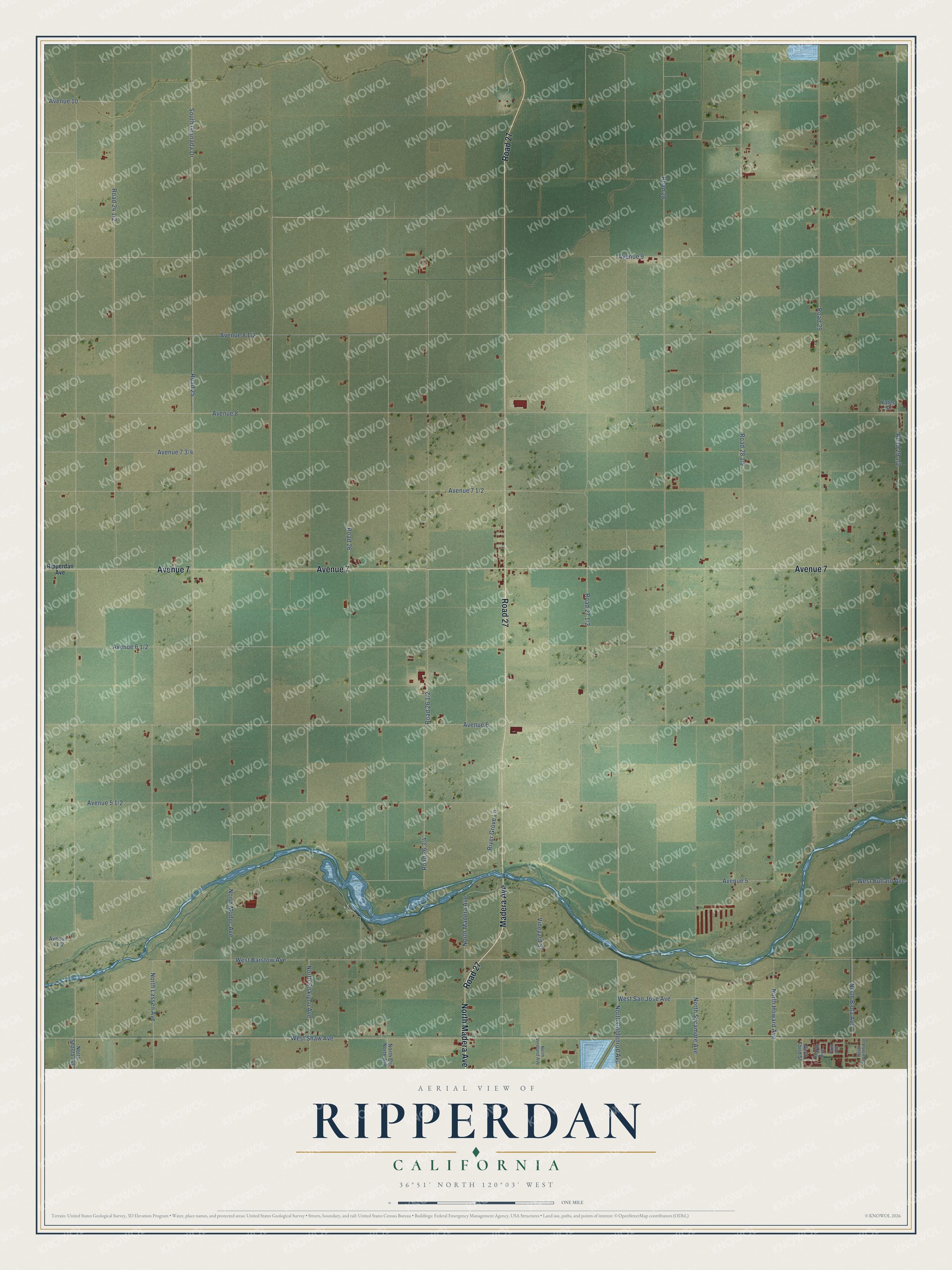 Full map of Ripperdan, California, with red buildings, printed street names and the land around them