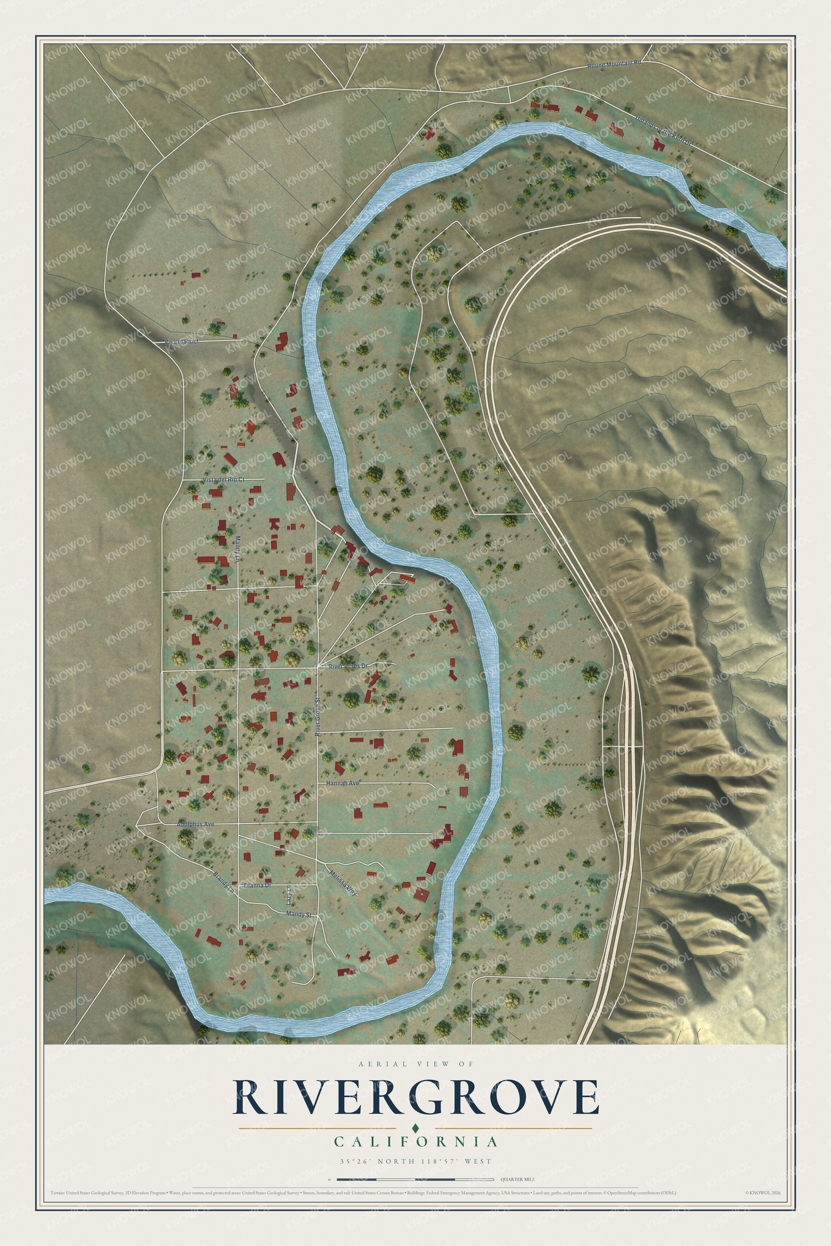 Full map of Rivergrove, California, with red buildings, printed street names and the land around them