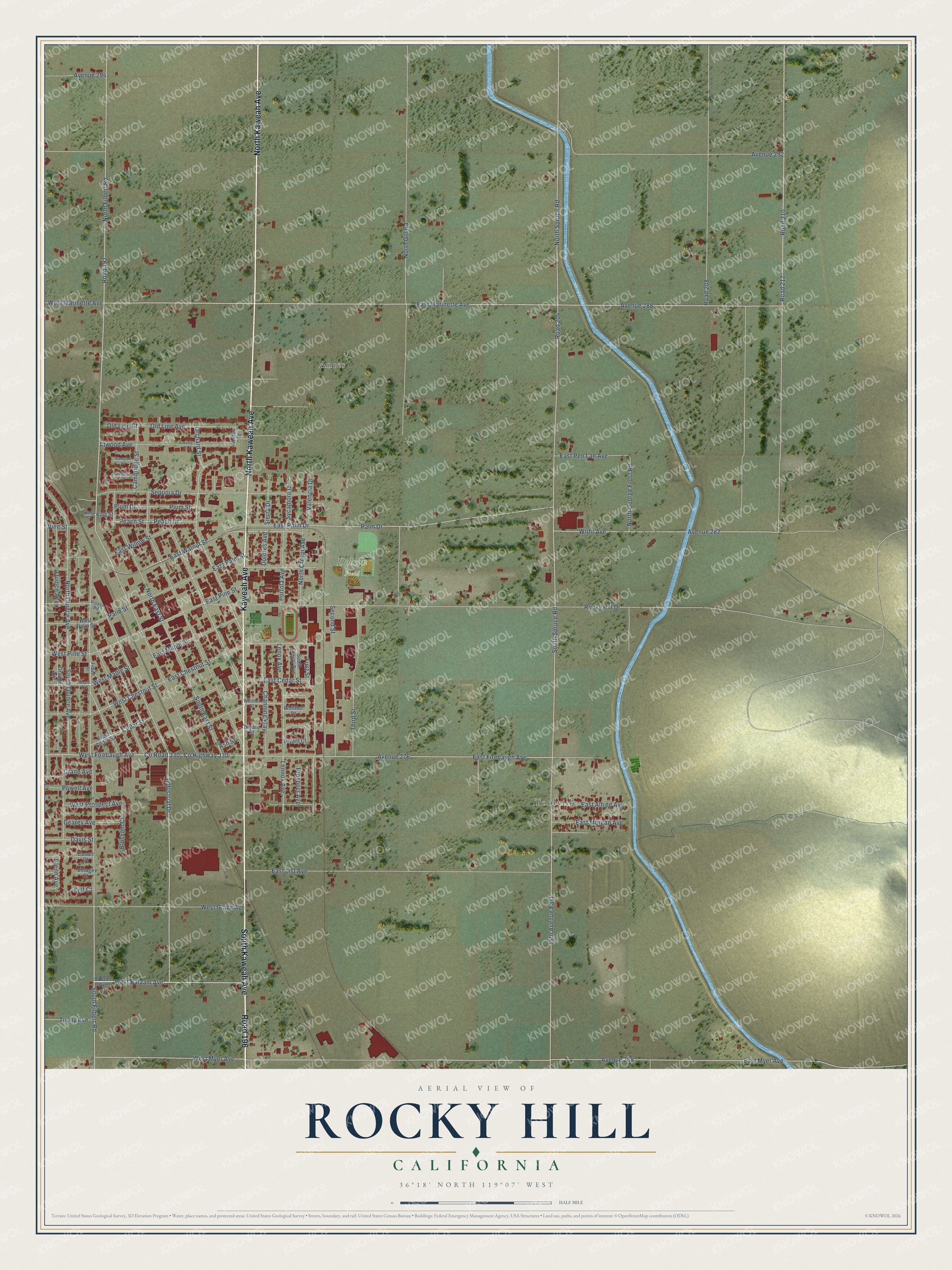 Full map of Rocky Hill, California, with red buildings, printed street names and the land around them
