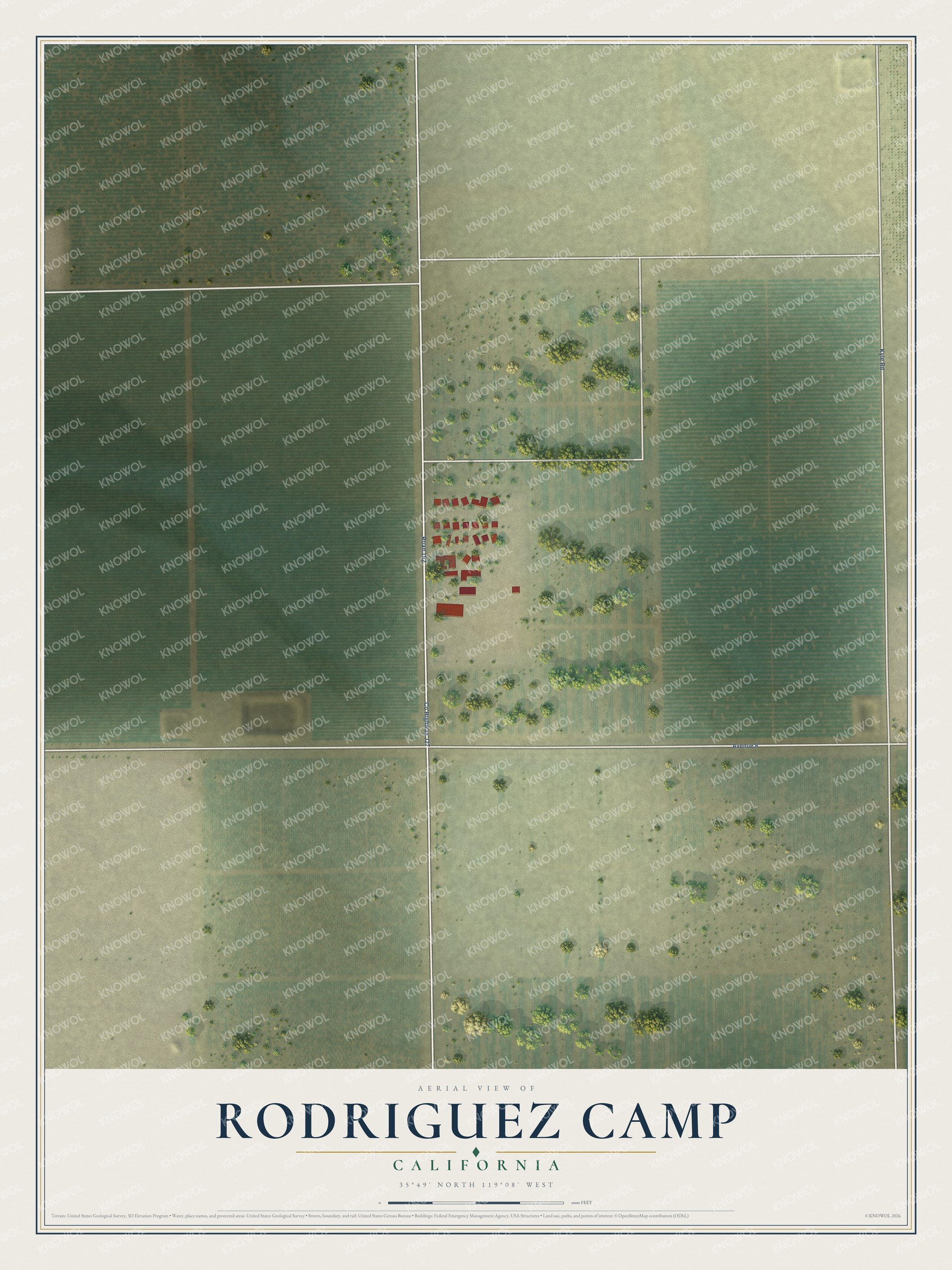 Full map of Rodriguez Camp, California, with red buildings, printed street names and the land around them