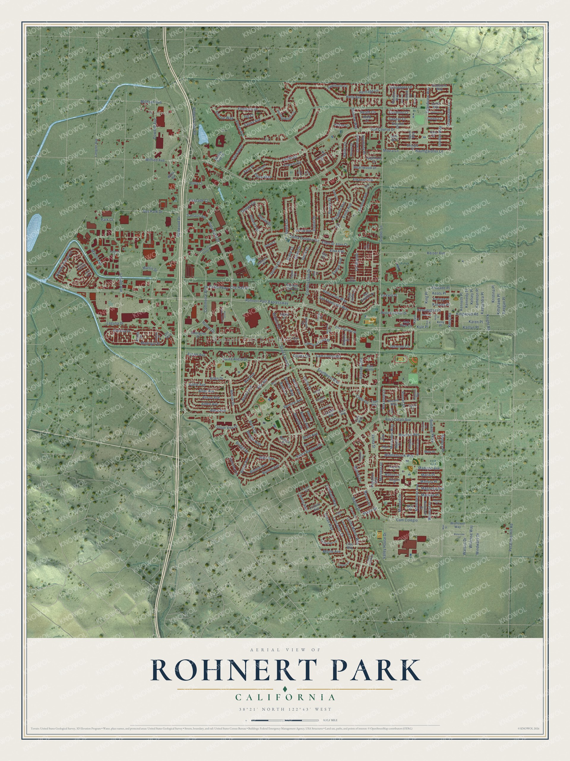 Full map of Rohnert Park, California, with red buildings, printed street names and the land around them