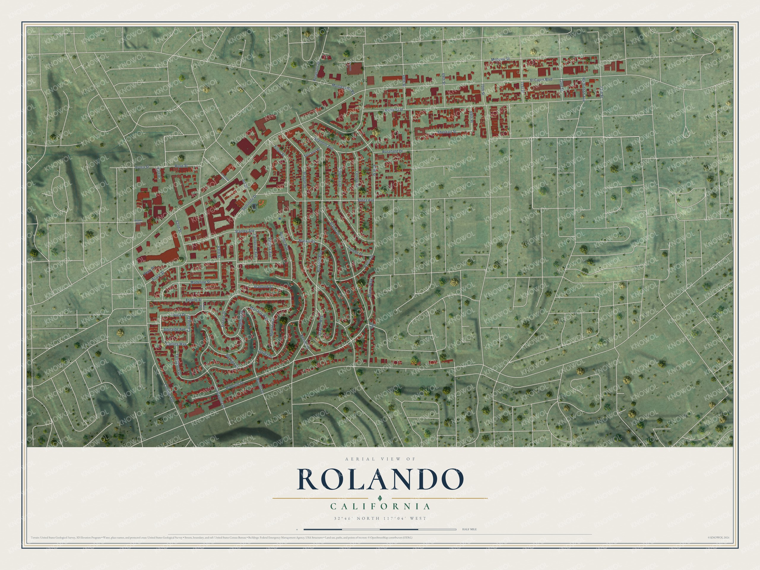 Full map of Rolando, California, with red buildings, printed street names and the land around them