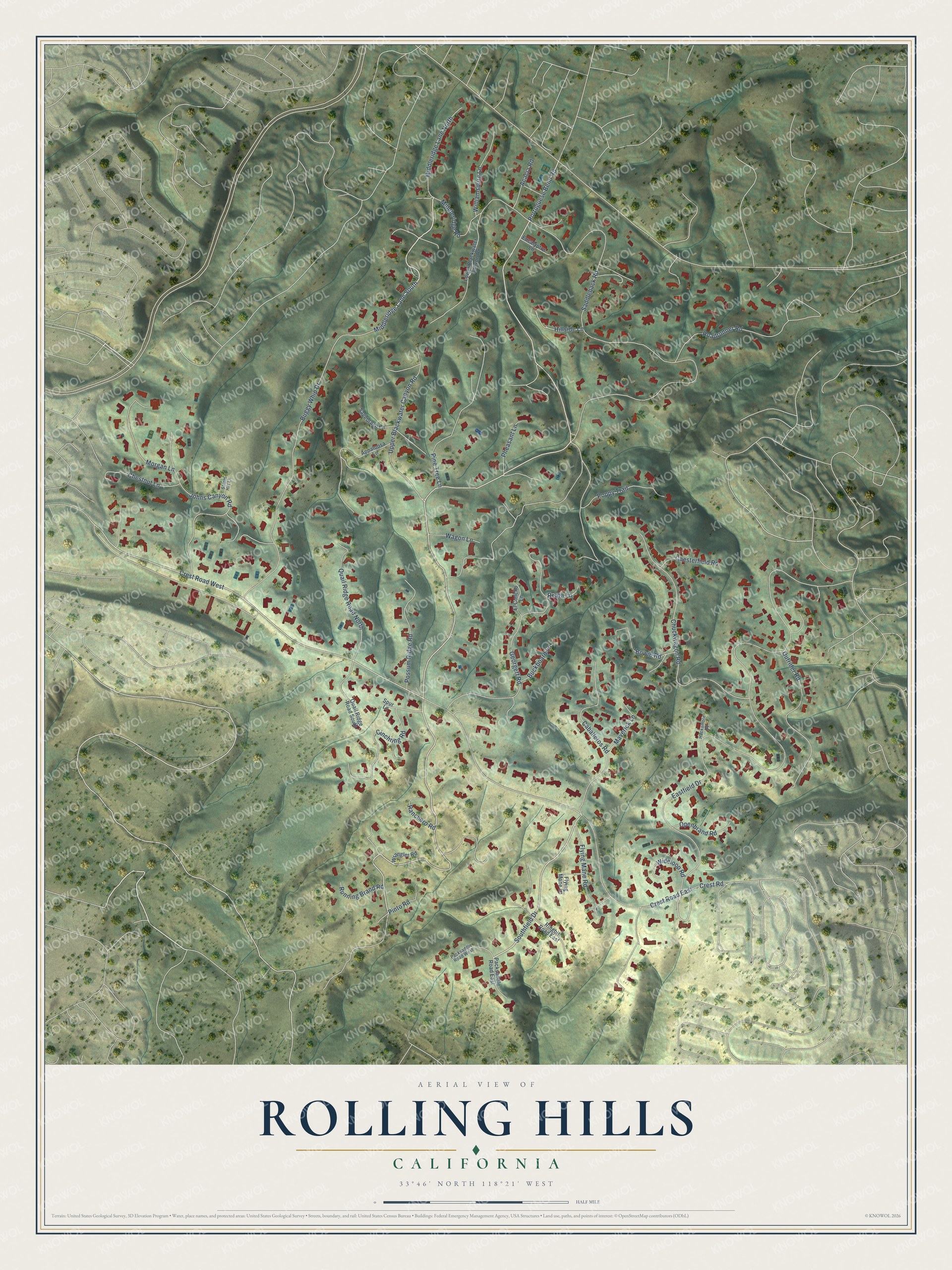 Full map of Rolling Hills, California, with red buildings, printed street names and the land around them