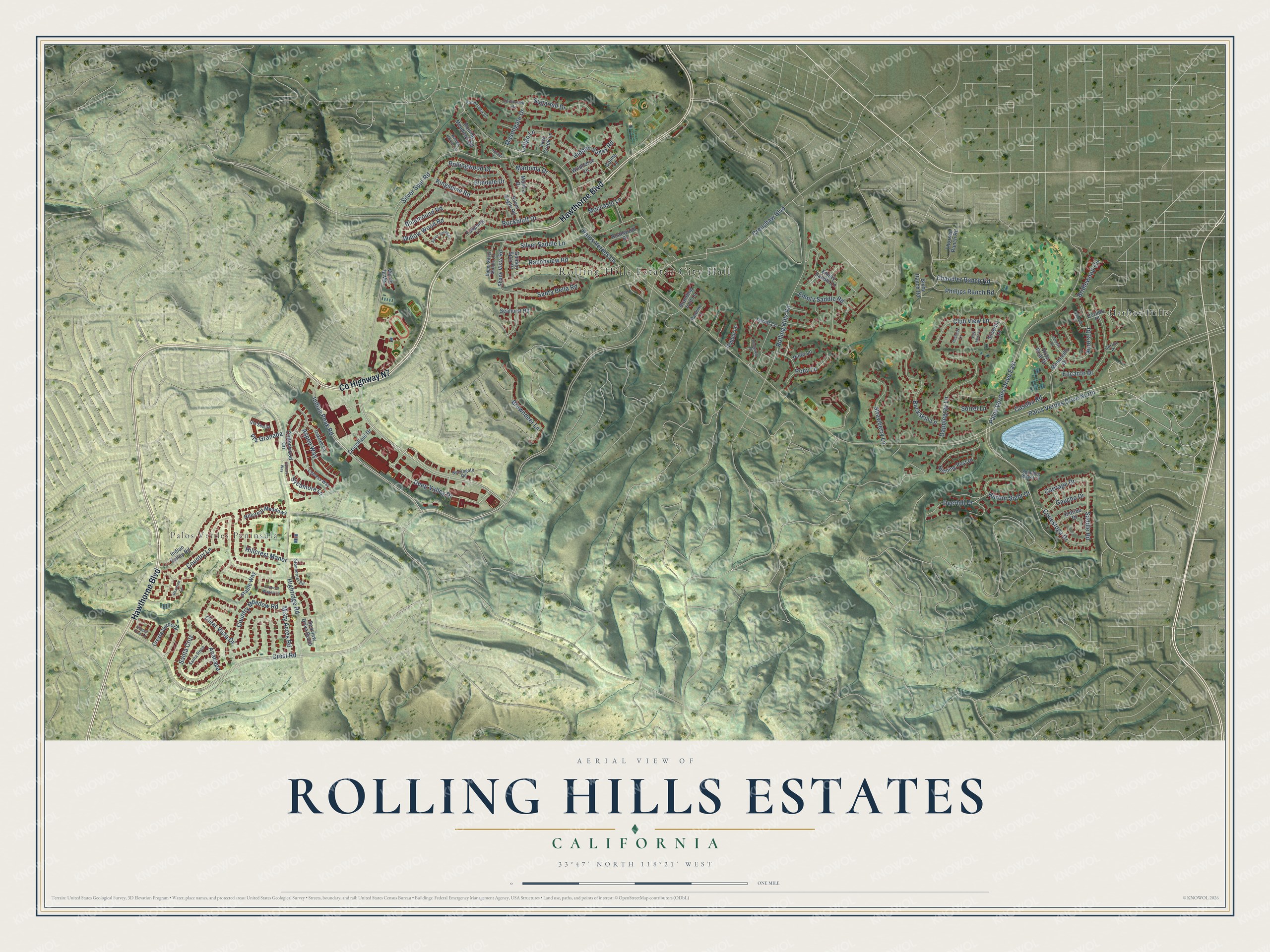 Full map of Rolling Hills Estates, California, with red buildings, printed street names and the land around them