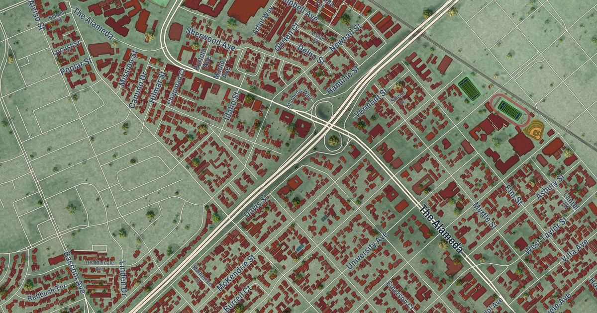 Close-up of streets and buildings in Rose Garden, California