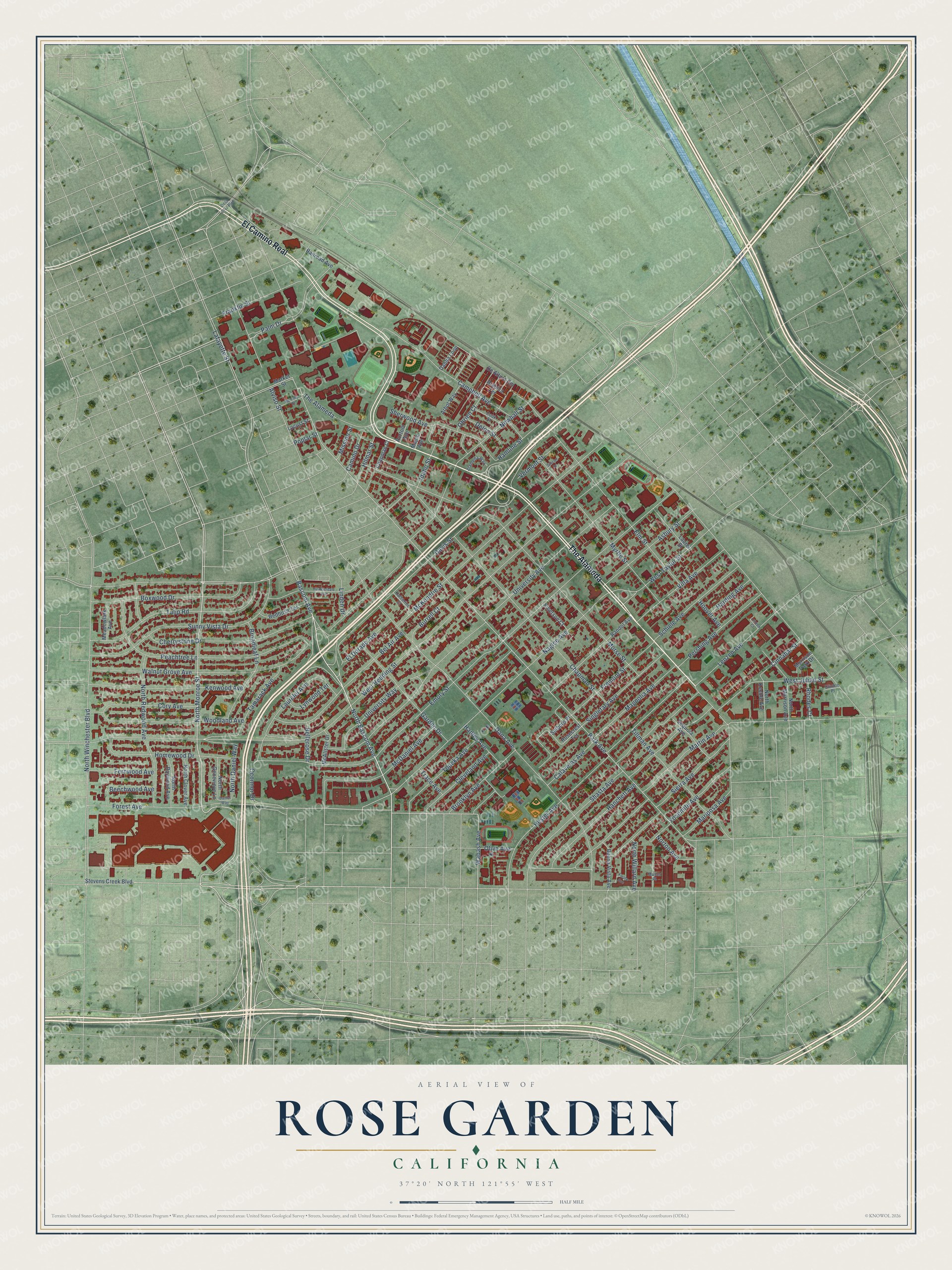 Full map of Rose Garden, California, with red buildings, printed street names and the land around them