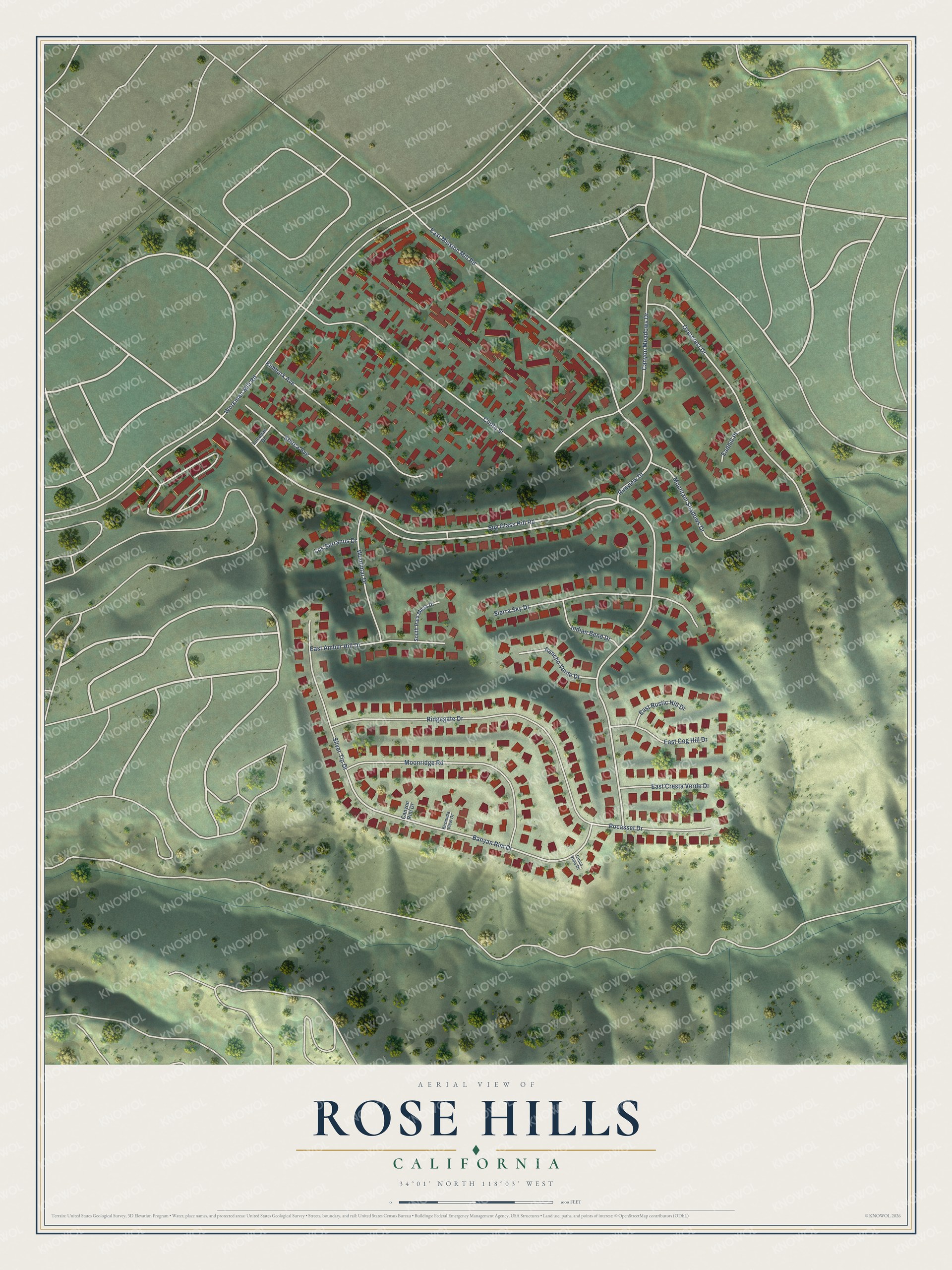 Full map of Rose Hills, California, with red buildings, printed street names and the land around them