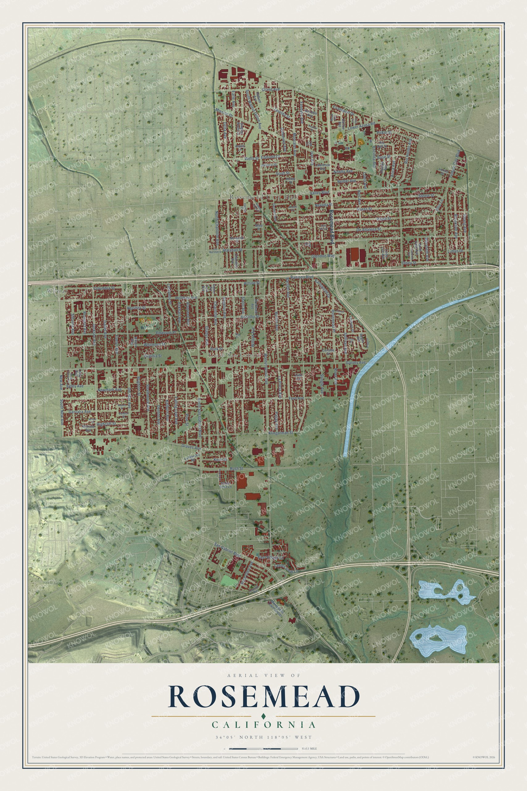 Full map of Rosemead, California, with red buildings, printed street names and the land around them