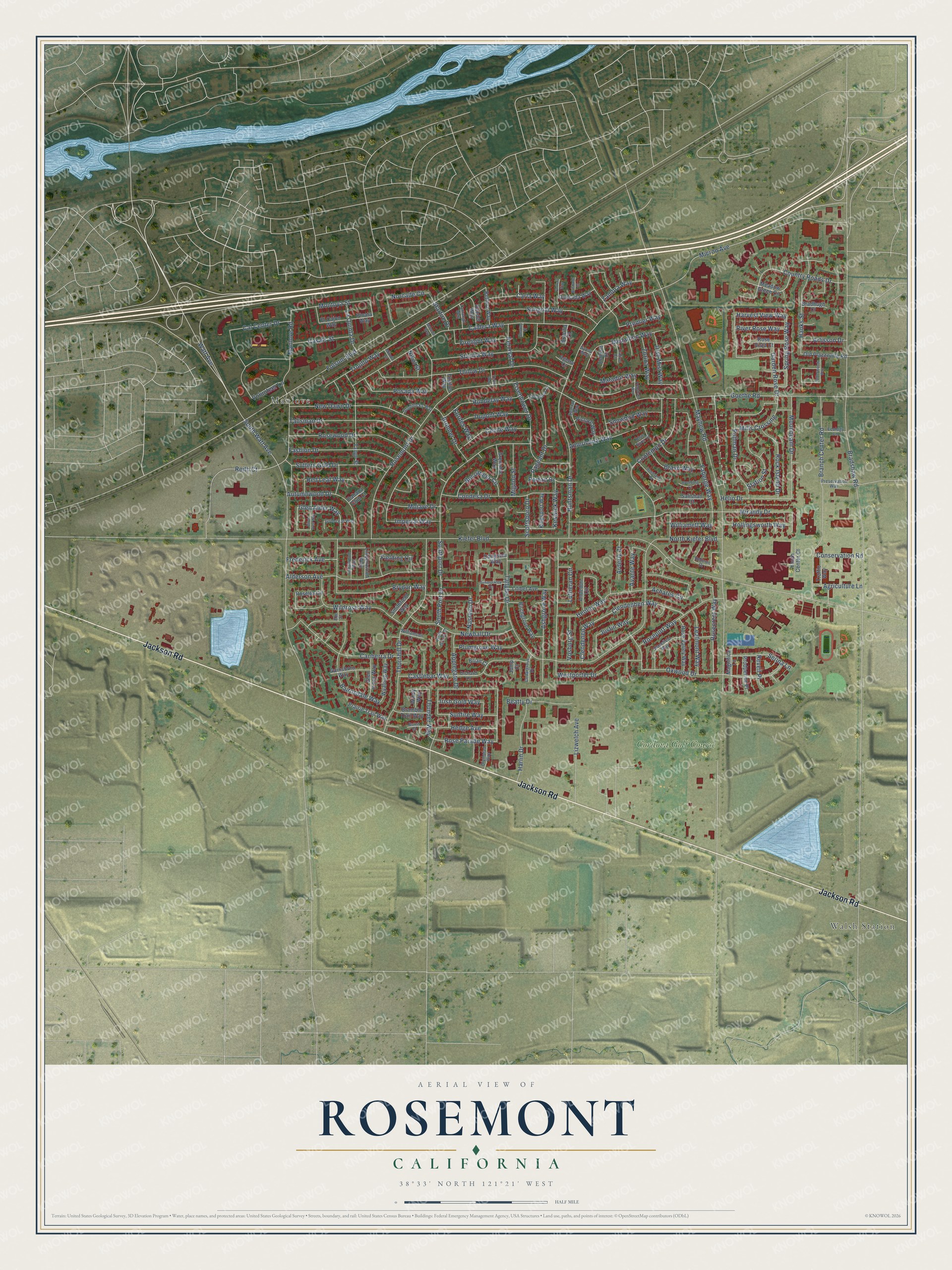 Full map of Rosemont, California, with red buildings, printed street names and the land around them