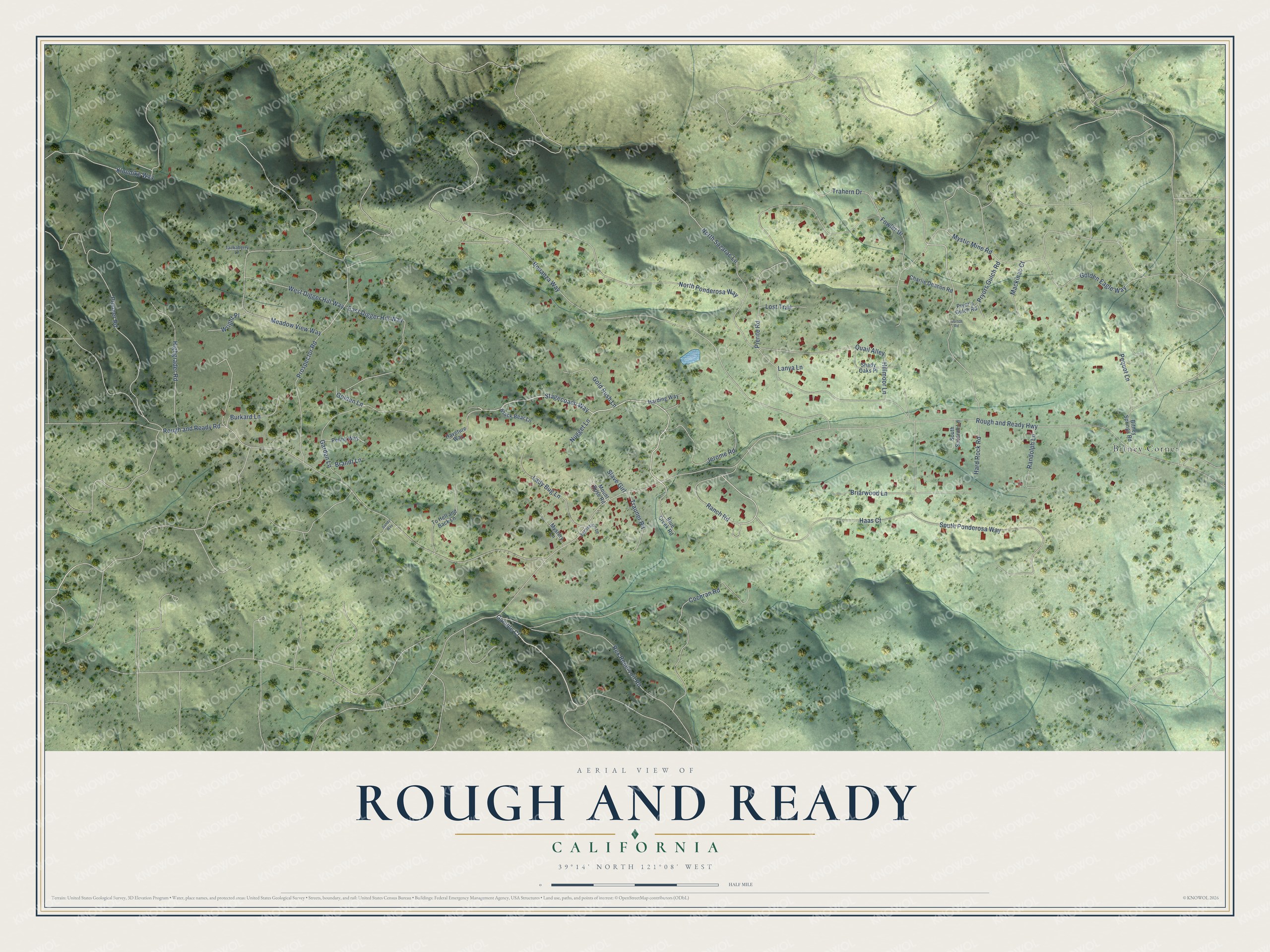Full map of Rough and Ready, California, with red buildings, printed street names and the land around them