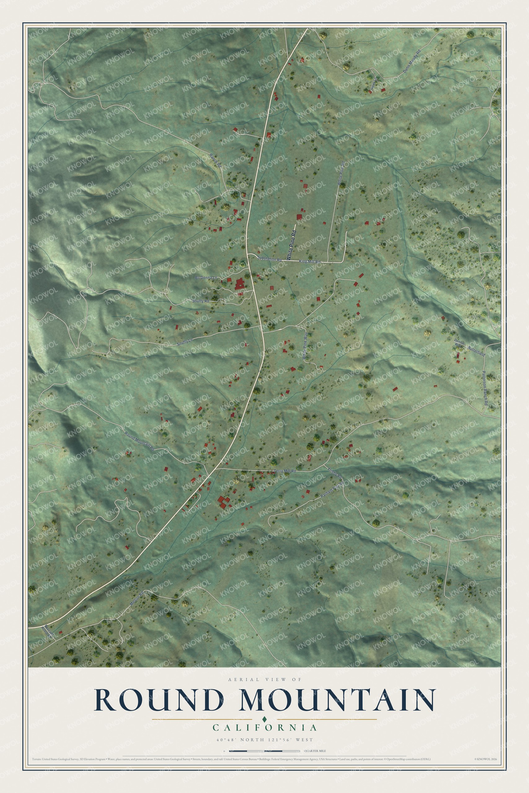 Full map of Round Mountain, California, with red buildings, printed street names and the land around them