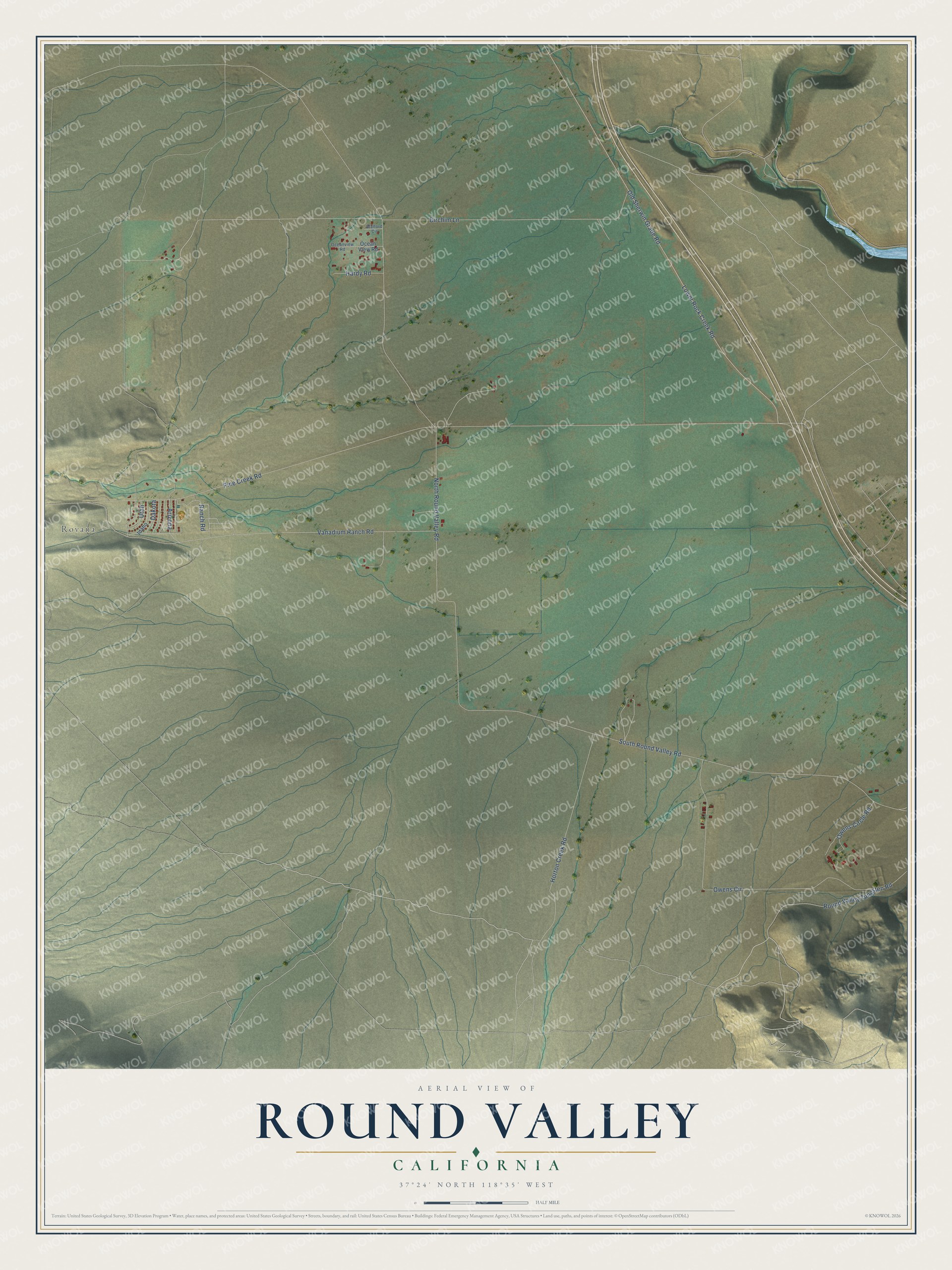 Full map of Round Valley, California, with red buildings, printed street names and the land around them