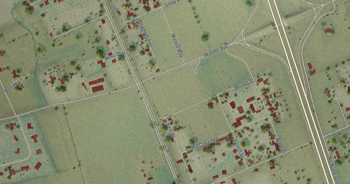 Close-up of streets and buildings in Rucker, California