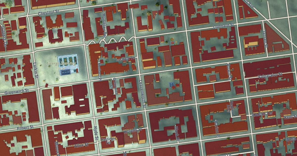 Close-up of streets and buildings in Russian Hill, California