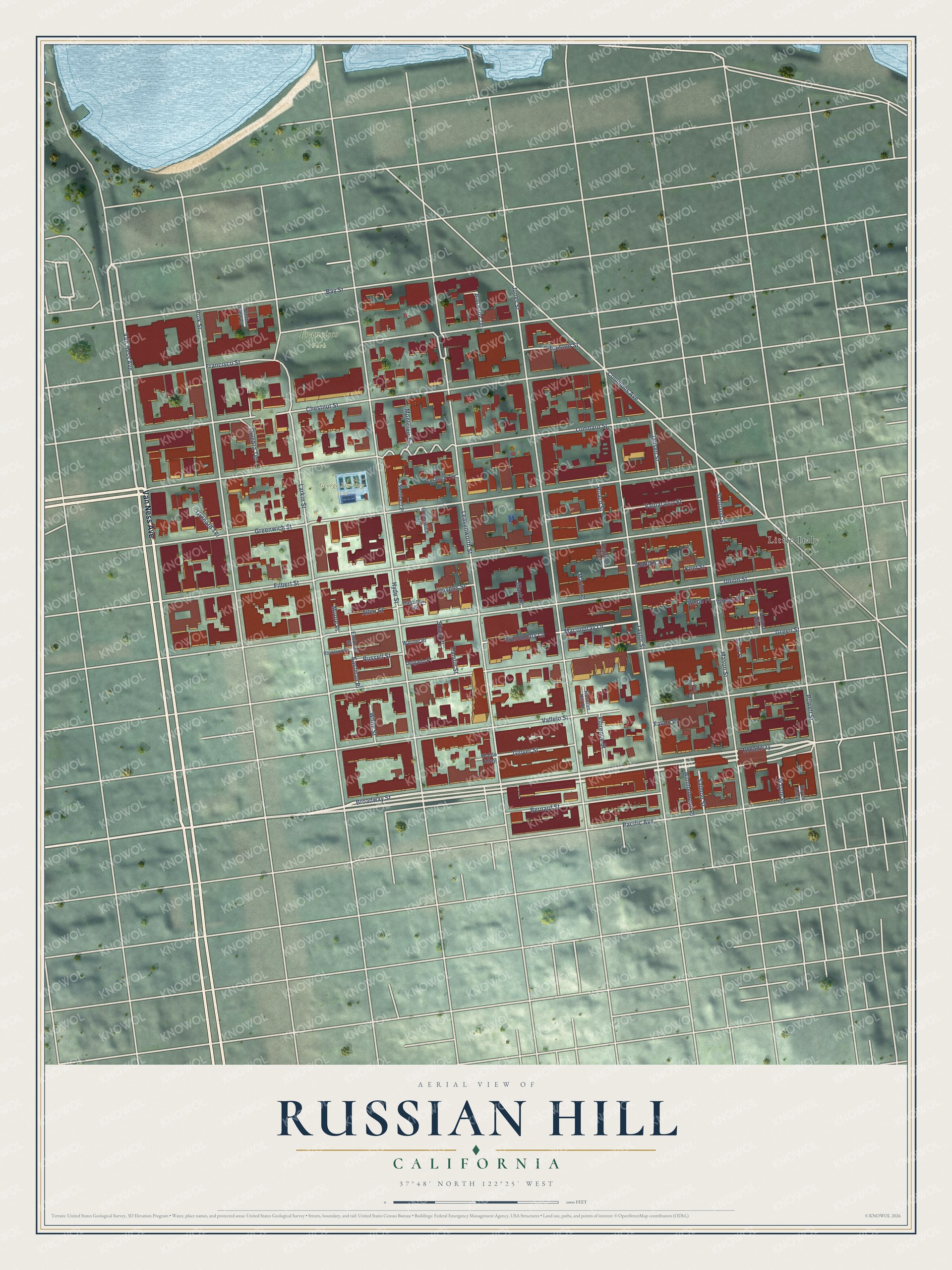 Full map of Russian Hill, California, with red buildings, printed street names and the land around them