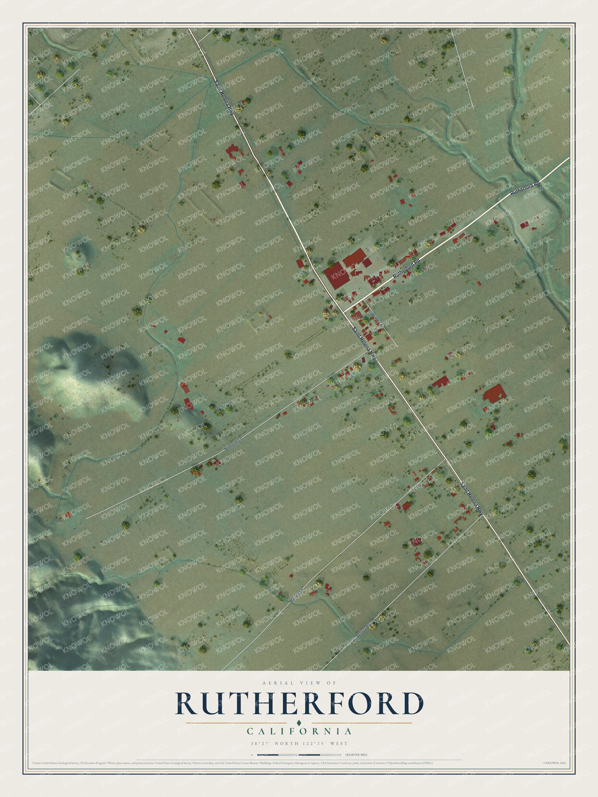 Full map of Rutherford, California, with red buildings, printed street names and the land around them