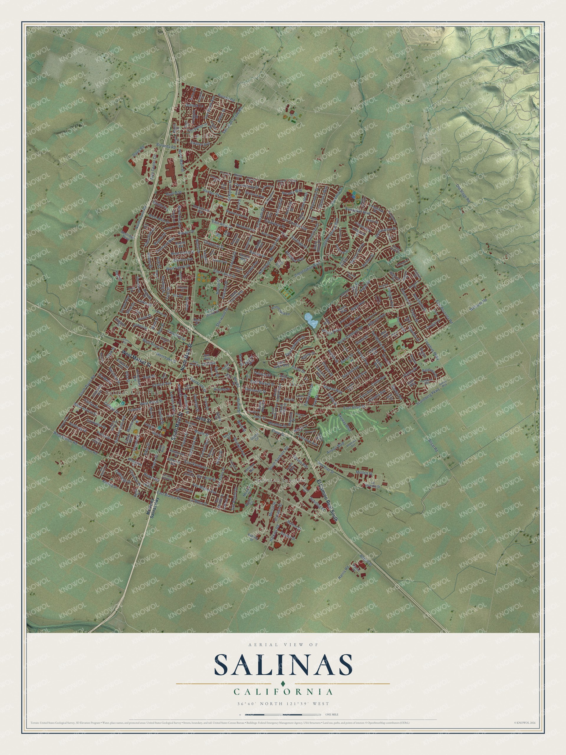 Full map of Salinas, California, with red buildings, printed street names and the land around them