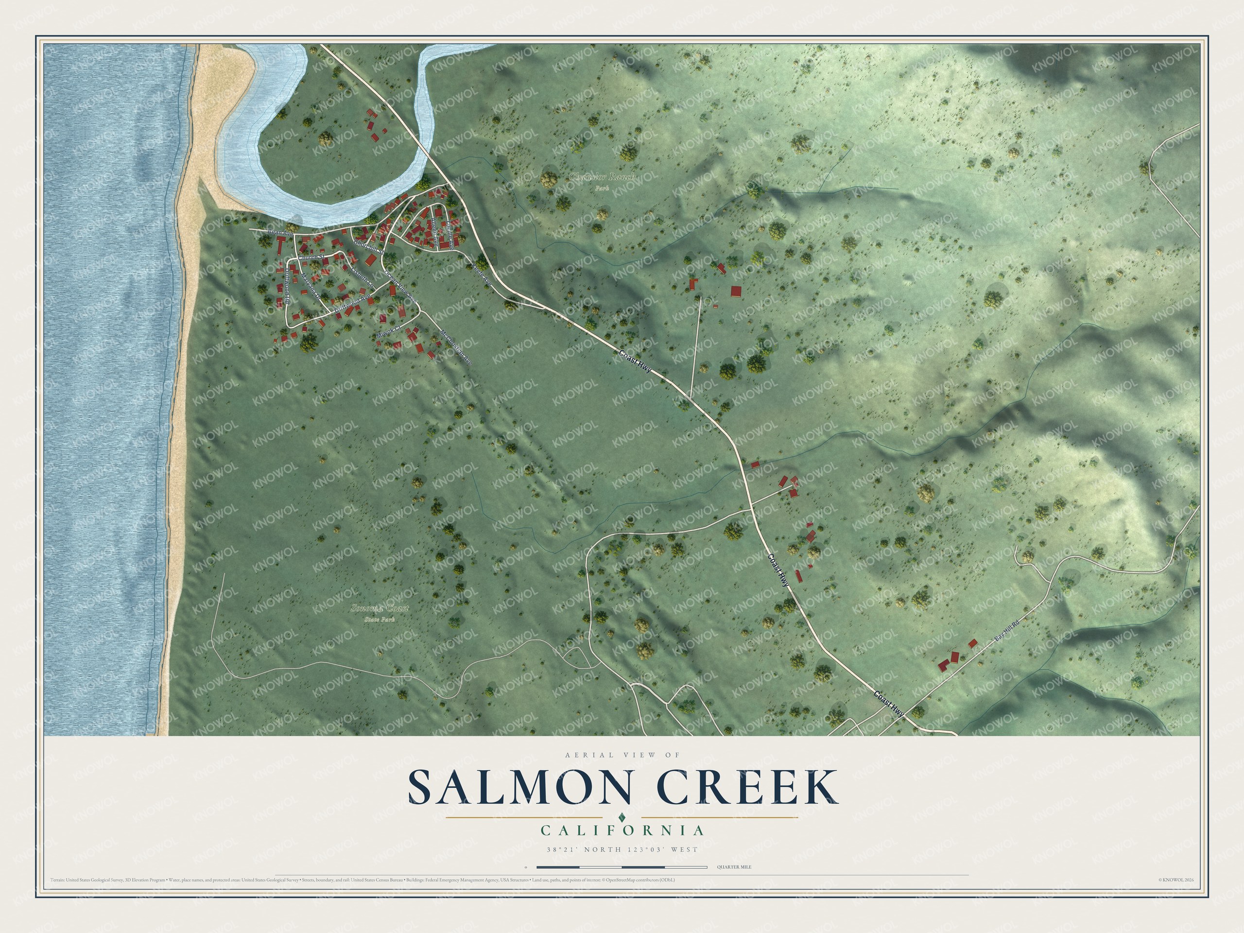 Full map of Salmon Creek, California, with red buildings, printed street names and the land around them