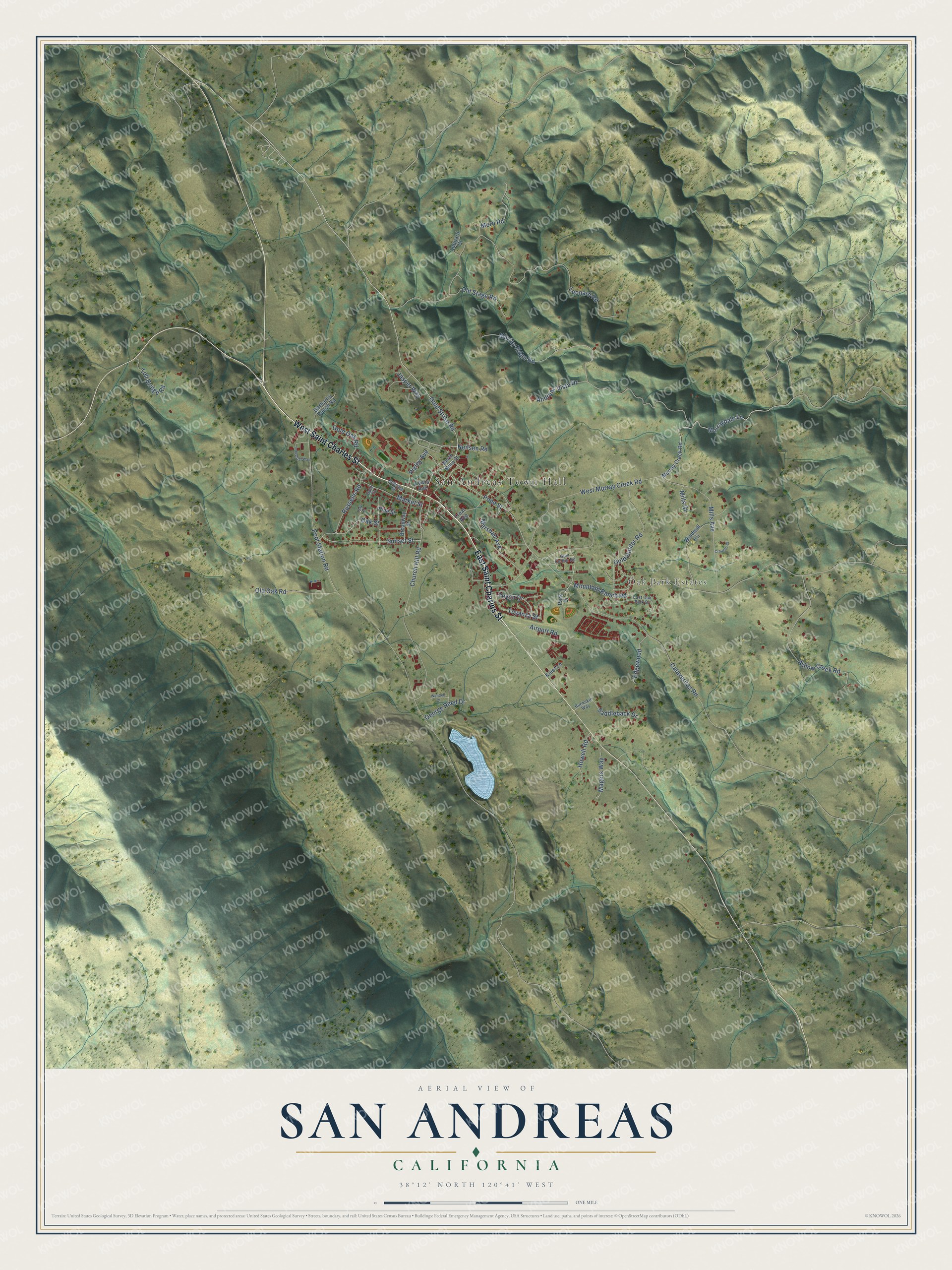 Full map of San Andreas, California, with red buildings, printed street names and the land around them