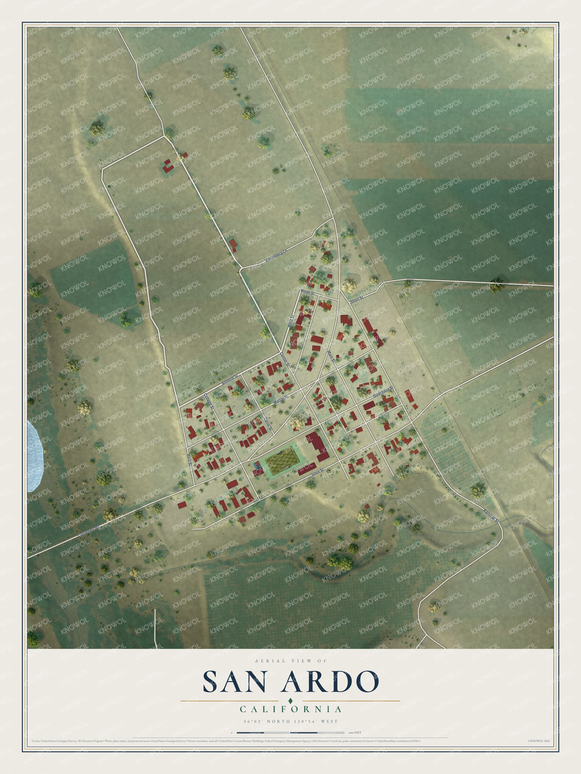 Full map of San Ardo, California, with red buildings, printed street names and the land around them