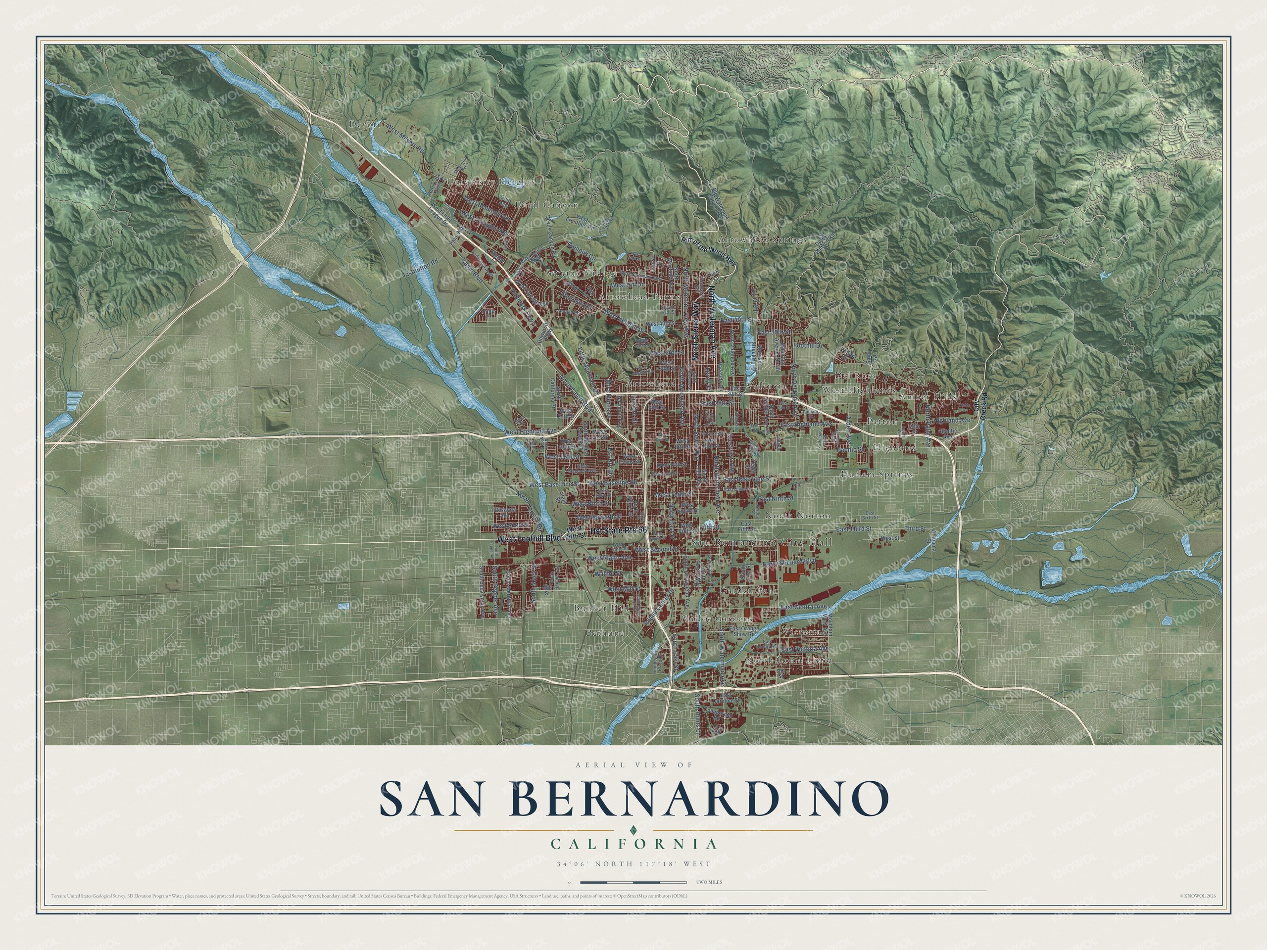 Full map of San Bernardino, California, with red buildings, printed street names and the land around them
