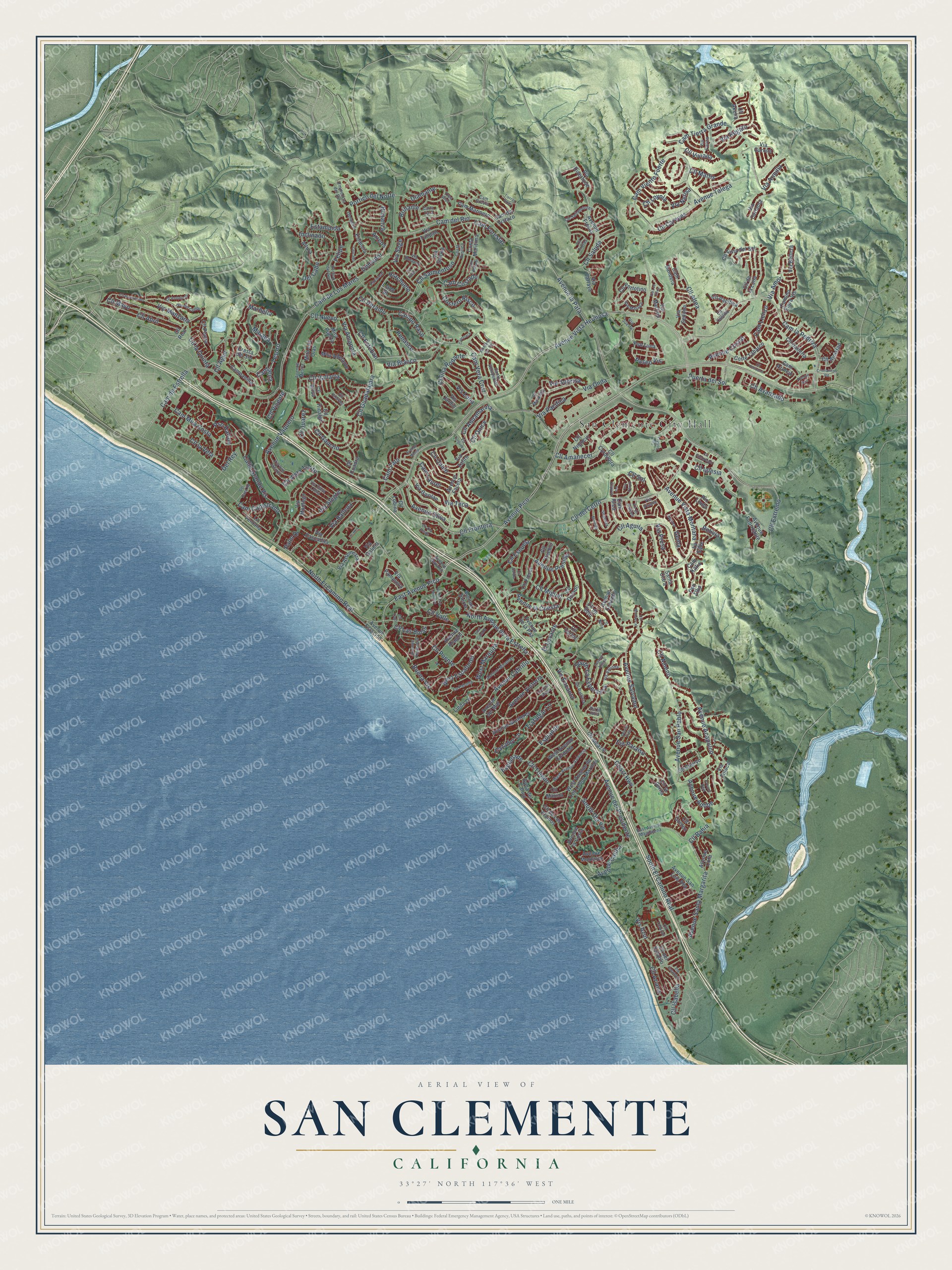 Full map of San Clemente, California, with red buildings, printed street names and the land around them