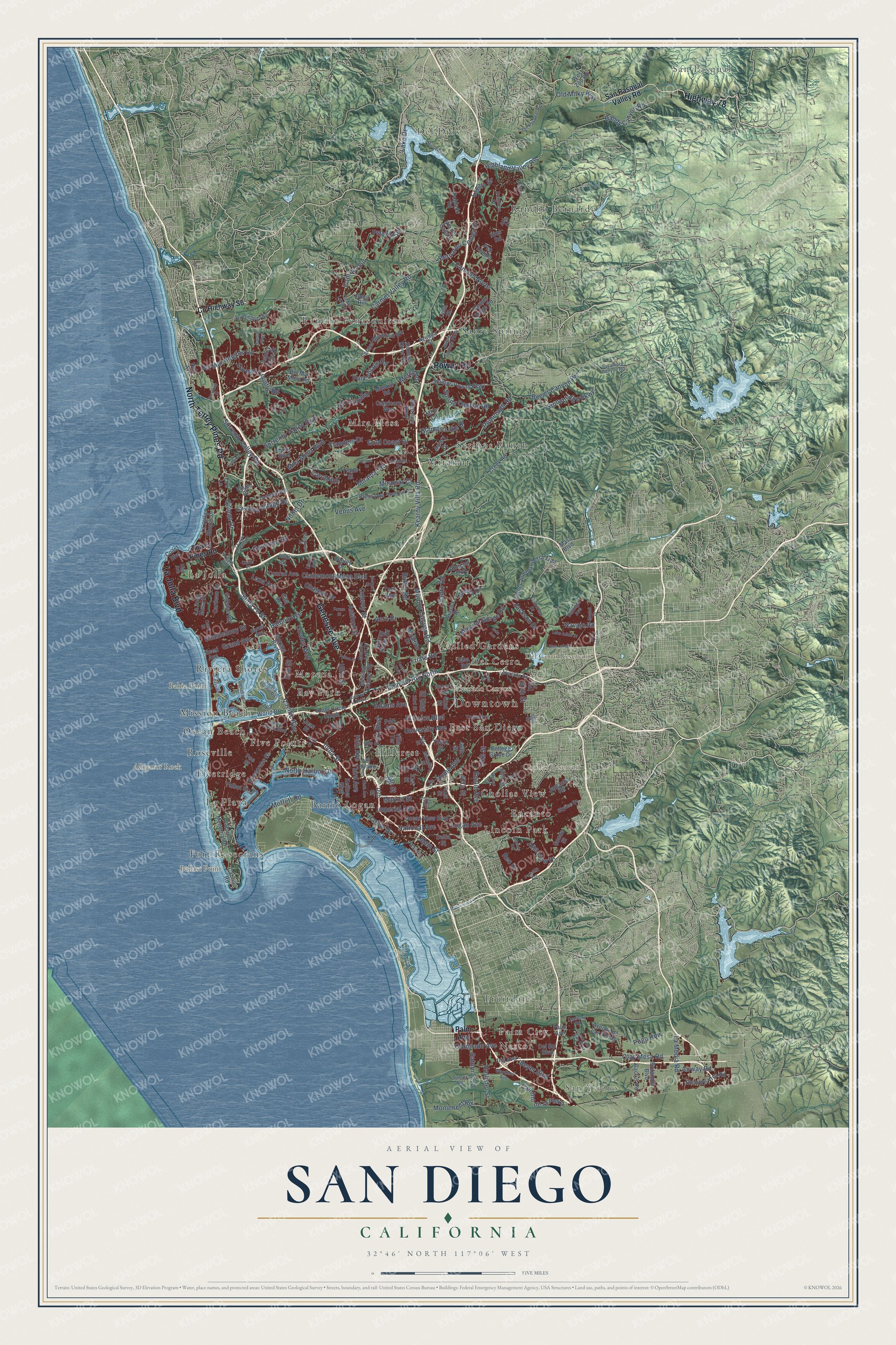 Full map of San Diego, California, with red buildings, printed street names and the land around them
