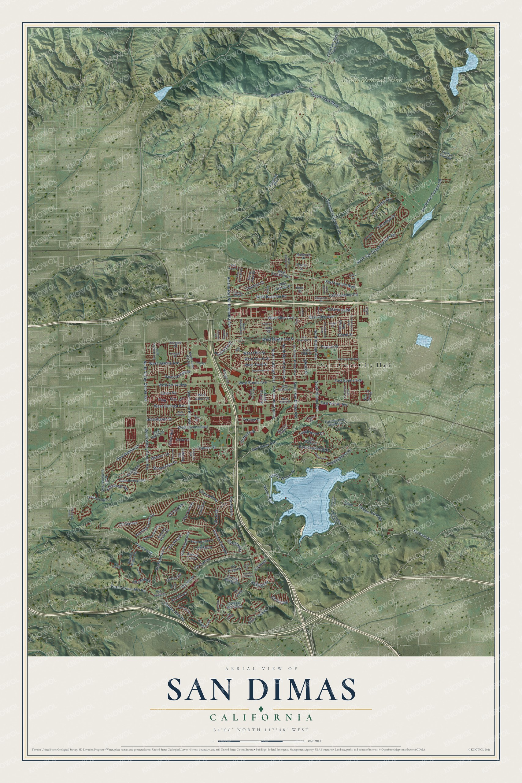 Full map of San Dimas, California, with red buildings, printed street names and the land around them