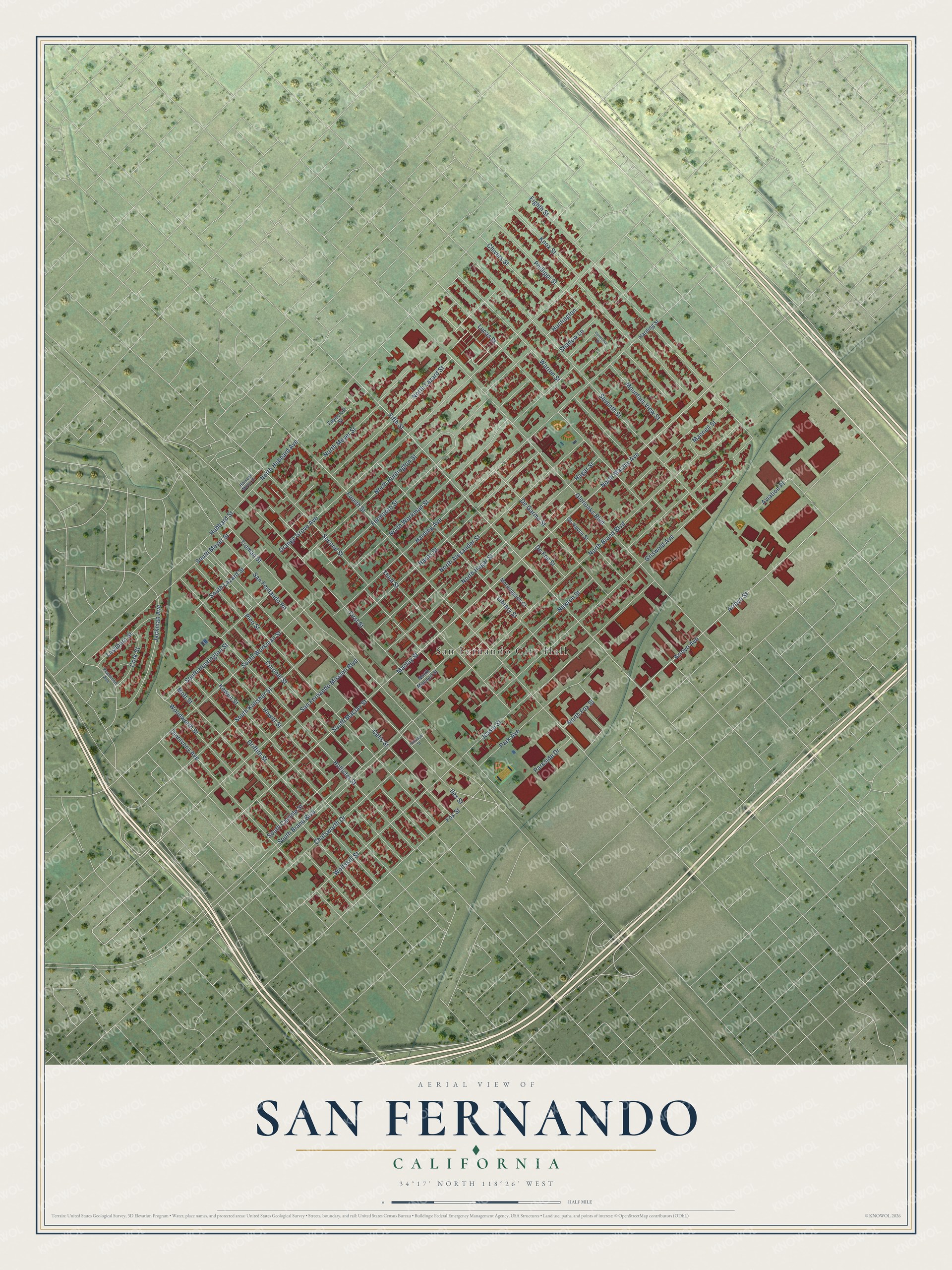 Full map of San Fernando, California, with red buildings, printed street names and the land around them