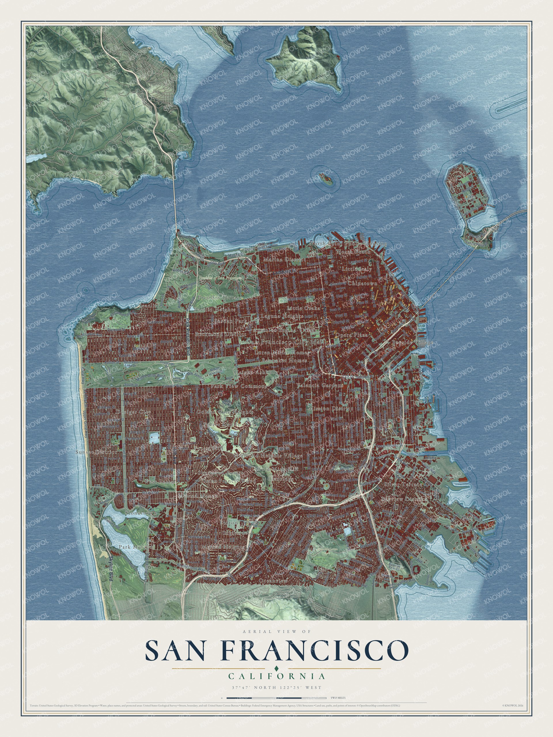 Full map of San Francisco, California, with red buildings, printed street names and the land around them