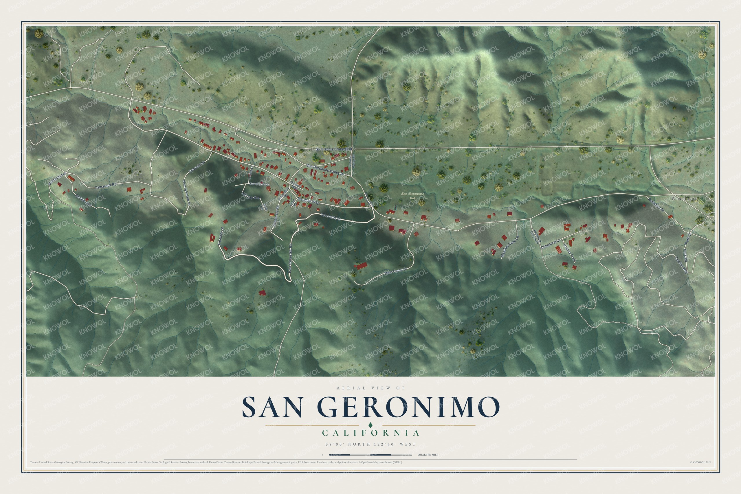 Full map of San Geronimo, California, with red buildings, printed street names and the land around them