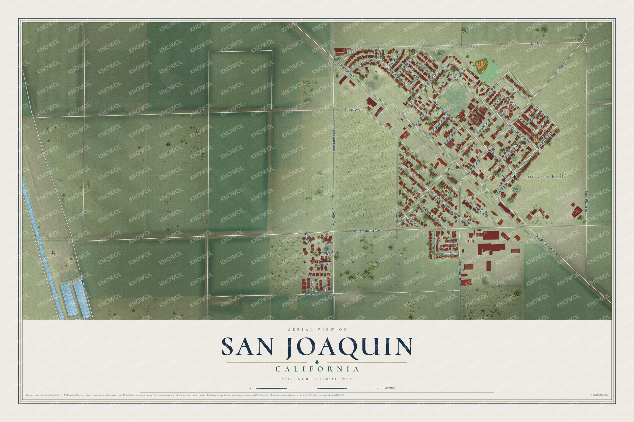 Full map of San Joaquin, California, with red buildings, printed street names and the land around them