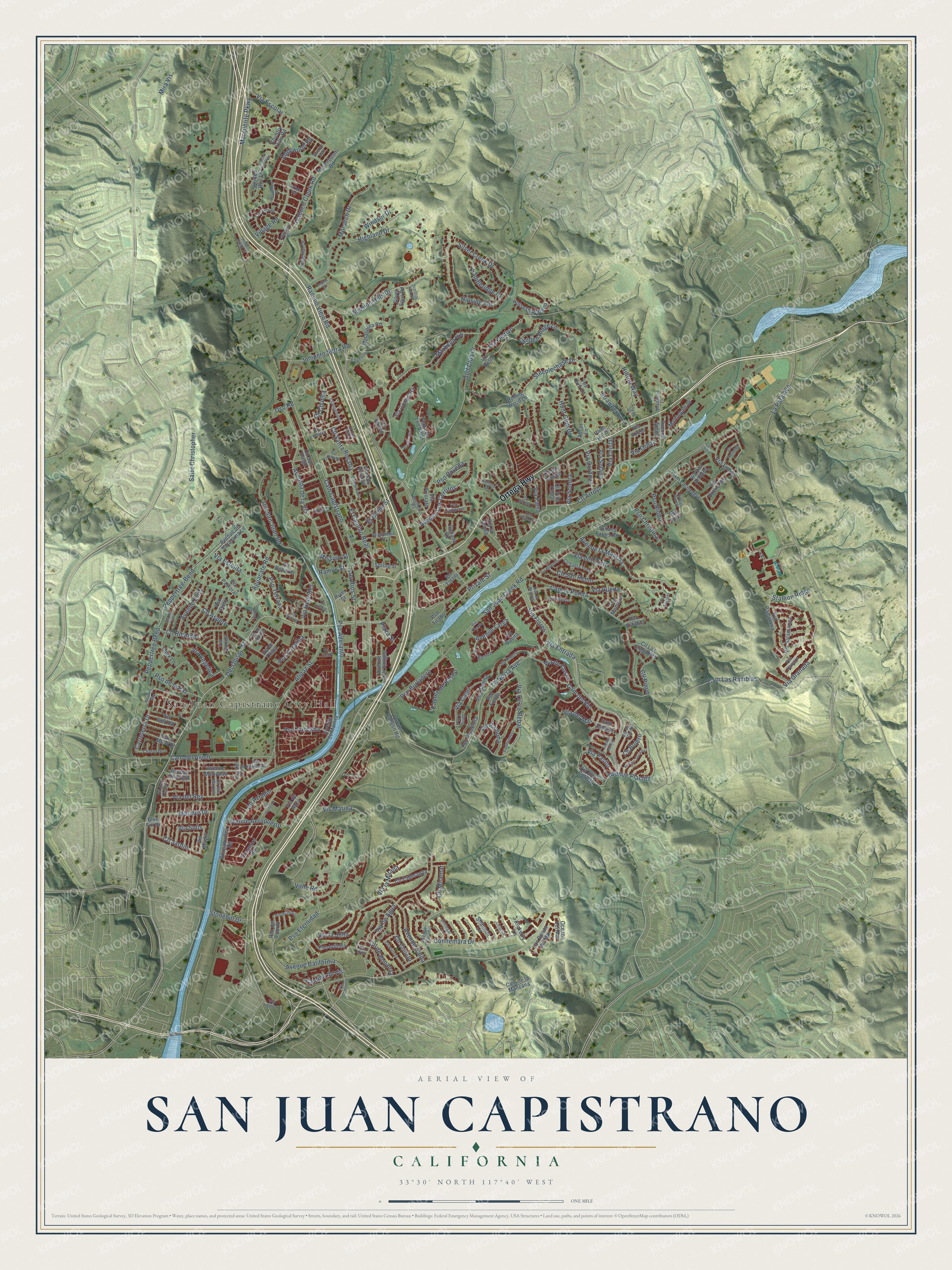 Full map of San Juan Capistrano, California, with red buildings, printed street names and the land around them