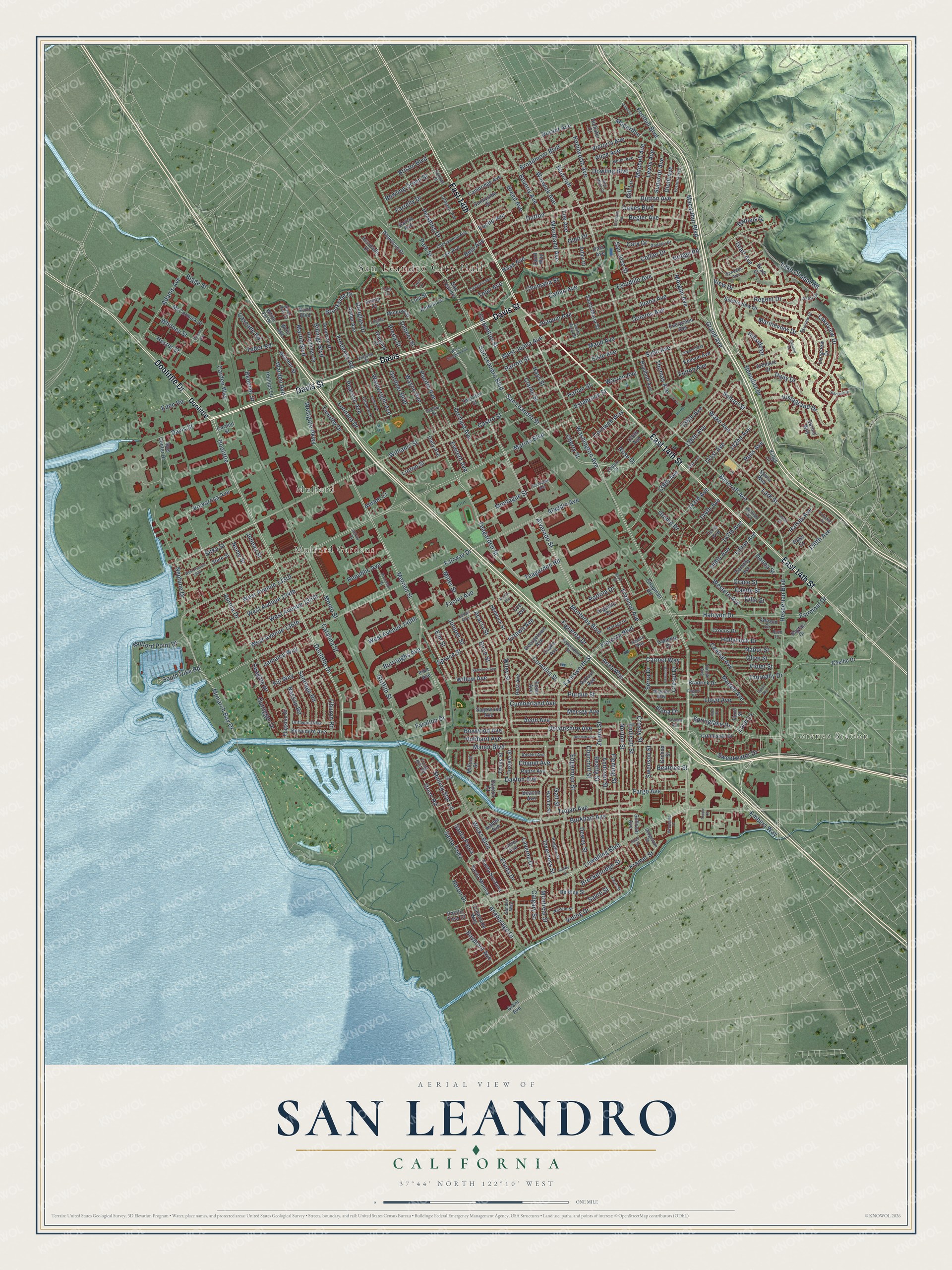 Full map of San Leandro, California, with red buildings, printed street names and the land around them