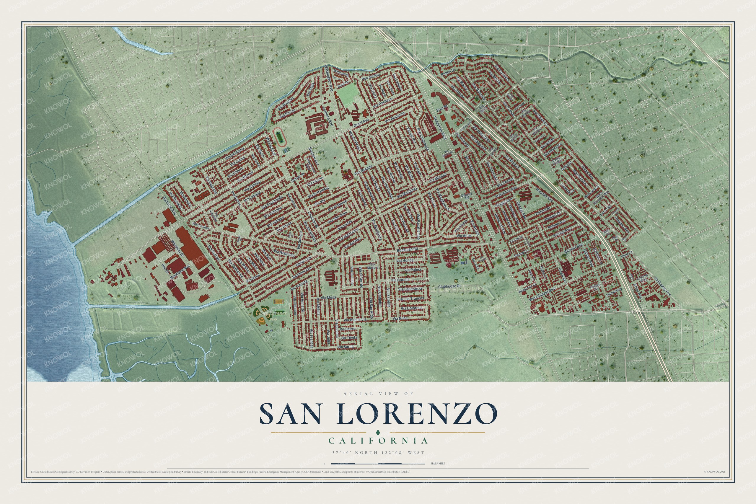 Full map of San Lorenzo, California, with red buildings, printed street names and the land around them