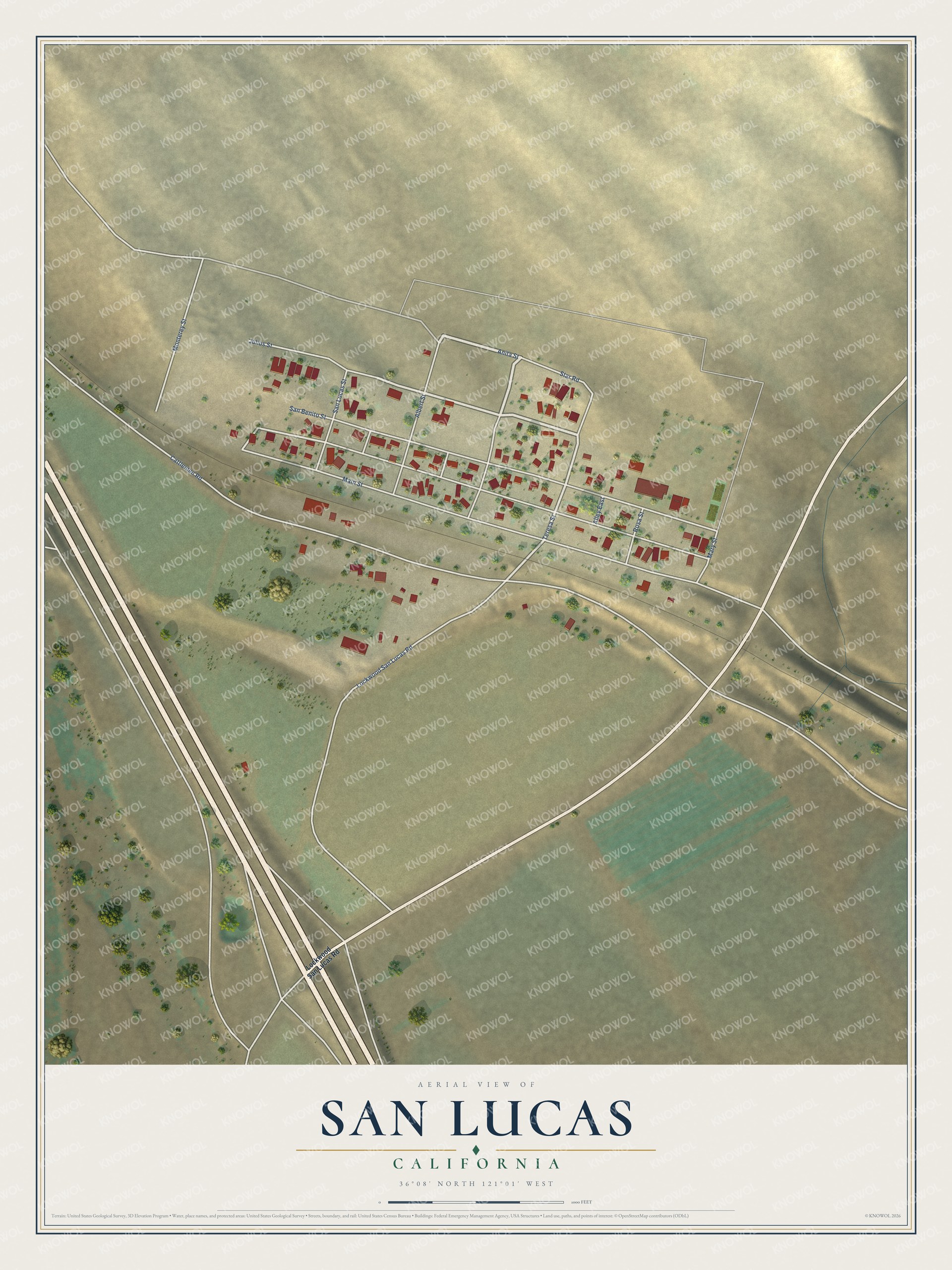 Full map of San Lucas, California, with red buildings, printed street names and the land around them