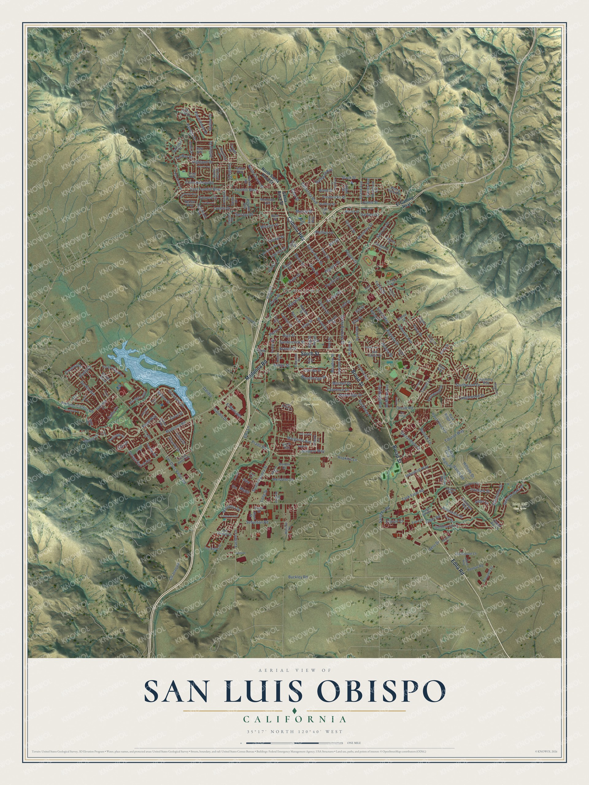 Full map of San Luis Obispo, California, with red buildings, printed street names and the land around them