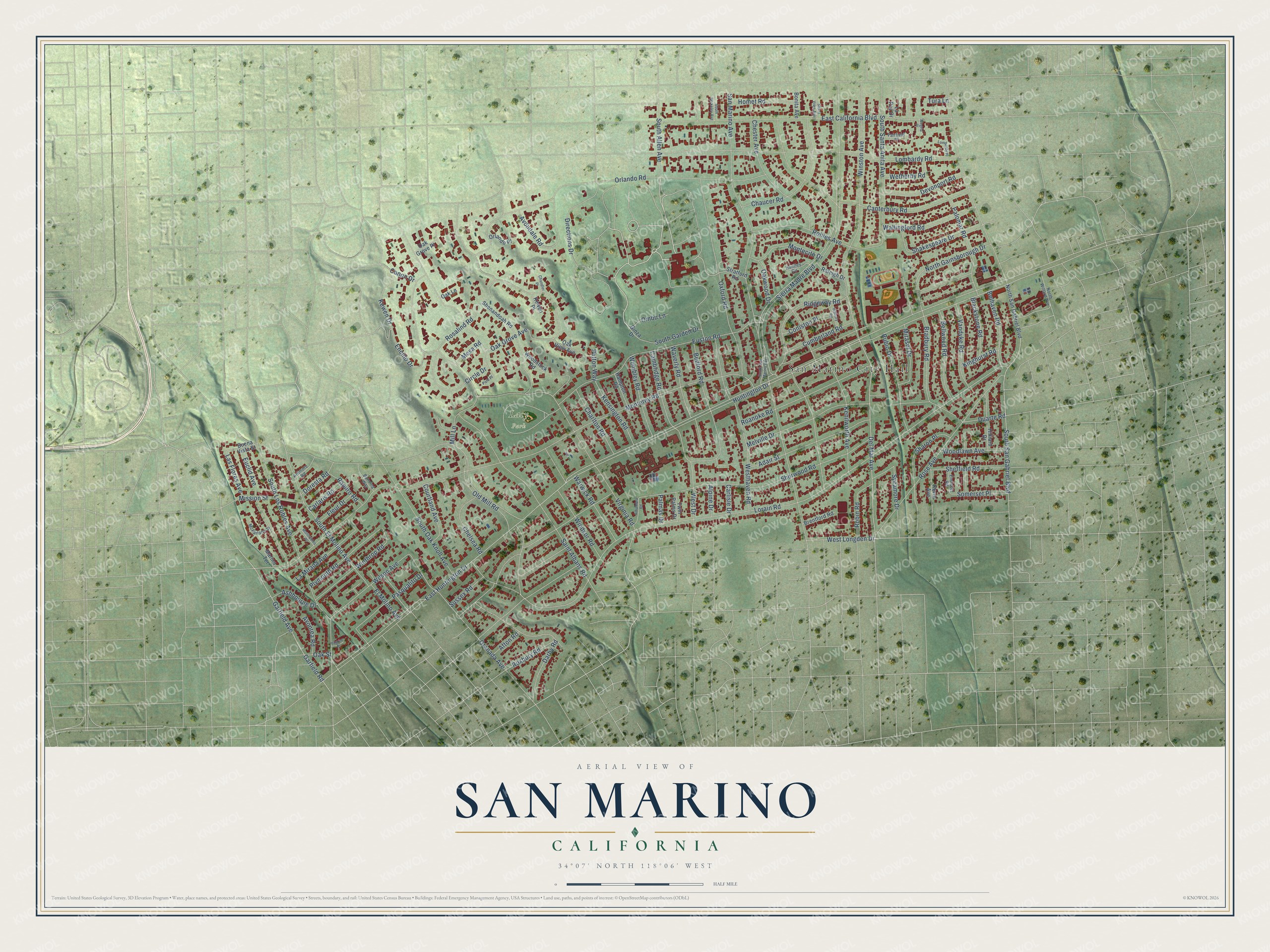 Full map of San Marino, California, with red buildings, printed street names and the land around them
