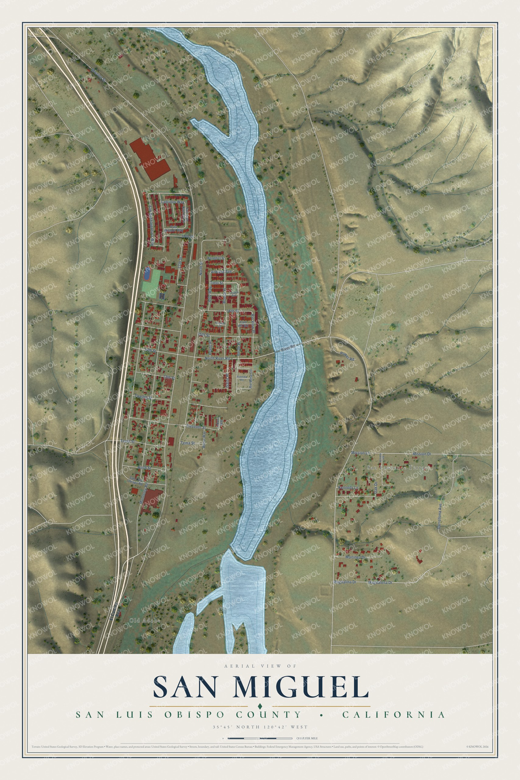 Full map of San Miguel, California, with red buildings, printed street names and the land around them