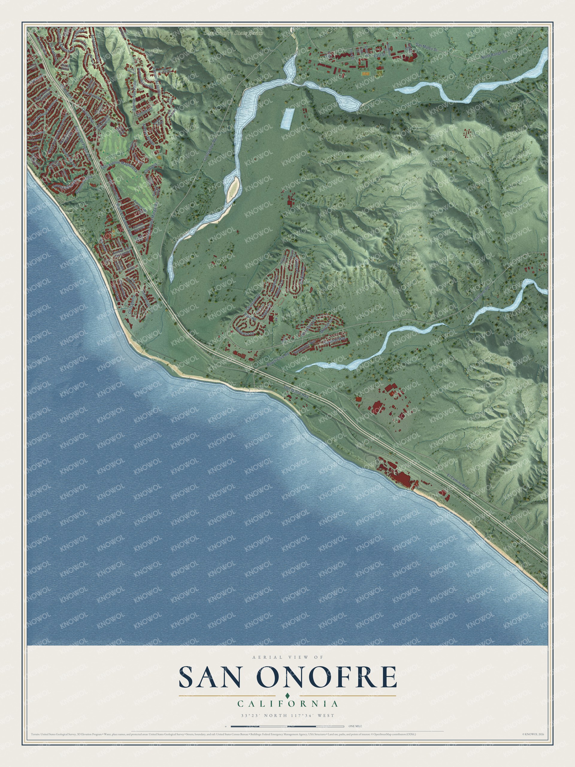 Full map of San Onofre, California, with red buildings, printed street names and the land around them