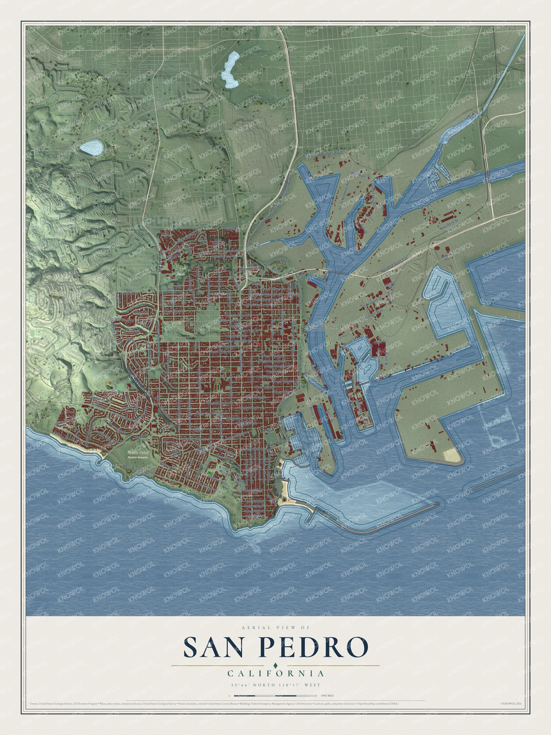 Full map of San Pedro, California, with red buildings, printed street names and the land around them