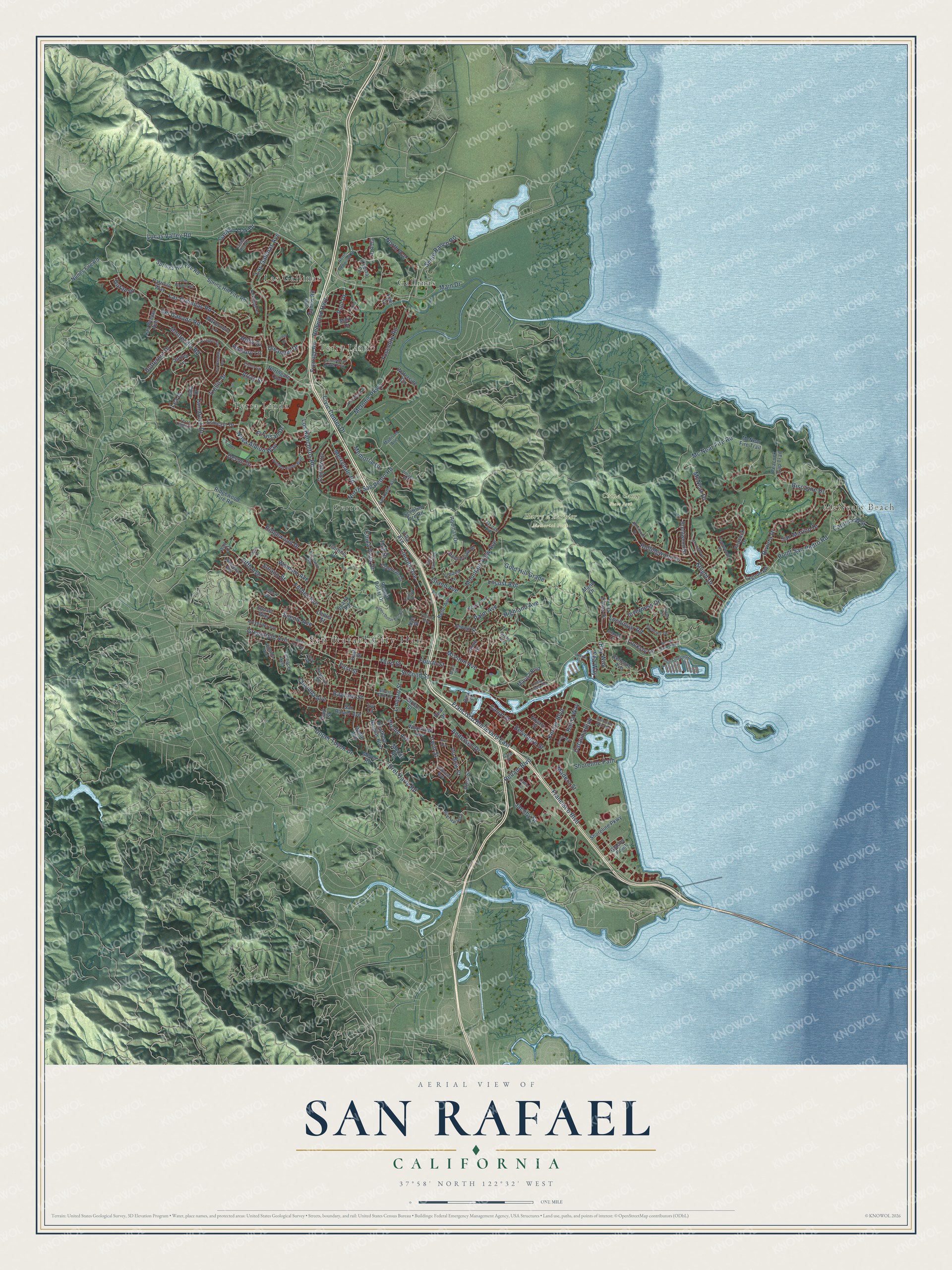 Full map of San Rafael, California, with red buildings, printed street names and the land around them